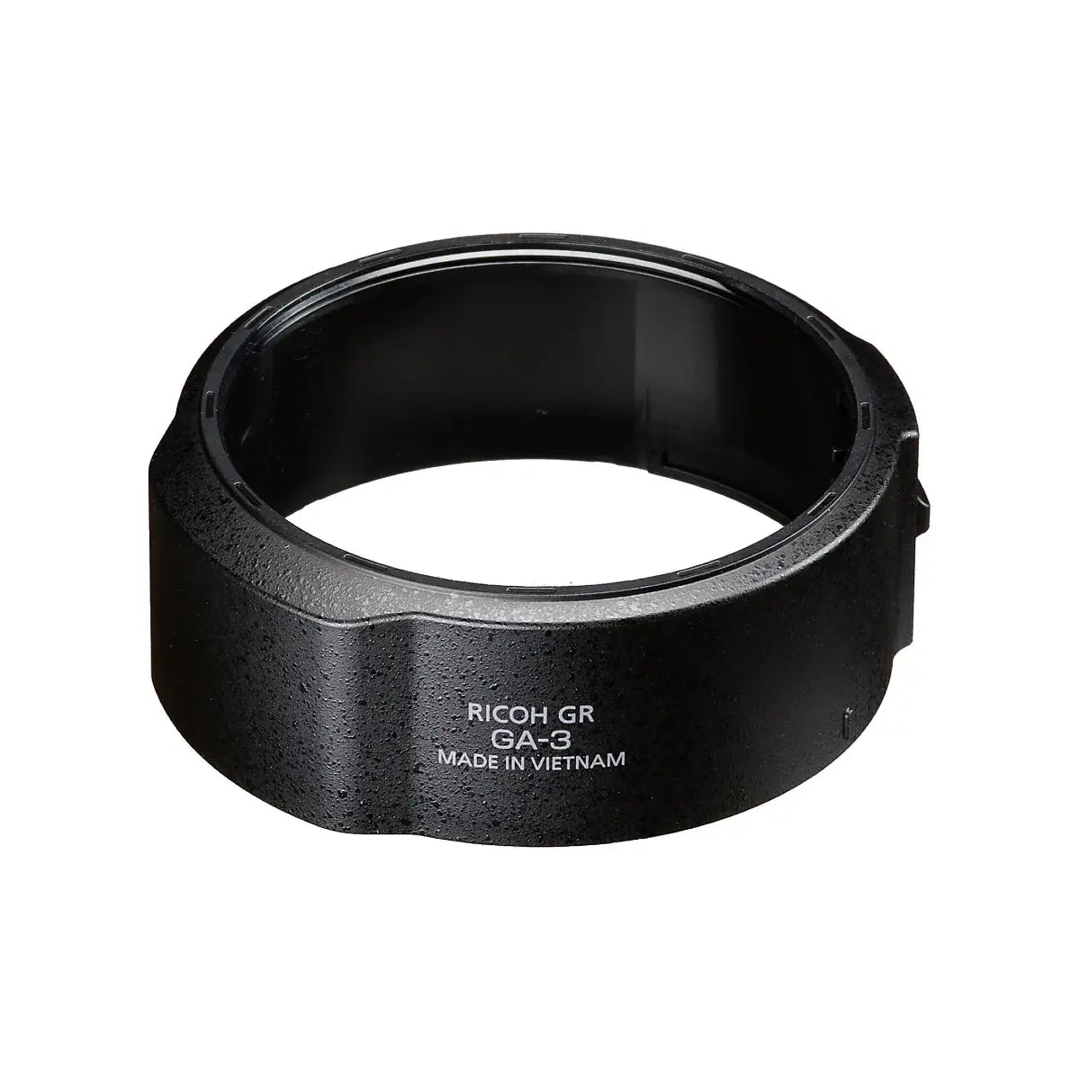 Black camera lens hood with 'Ricoh GR' branding on a white background