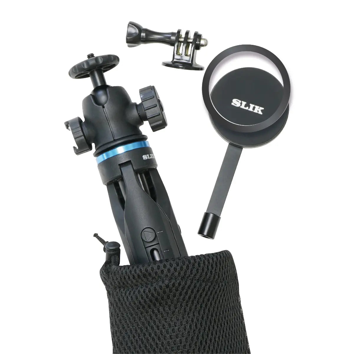 Camera accessories including a monopod, camera mount, and ring light on a white background.