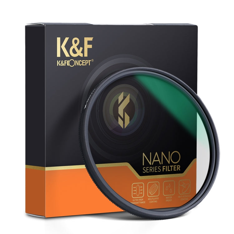 K&F Concept 82mm Nano X Multi Coating CPL Filter, showing the filter itself and its packaging with key features highlighted.