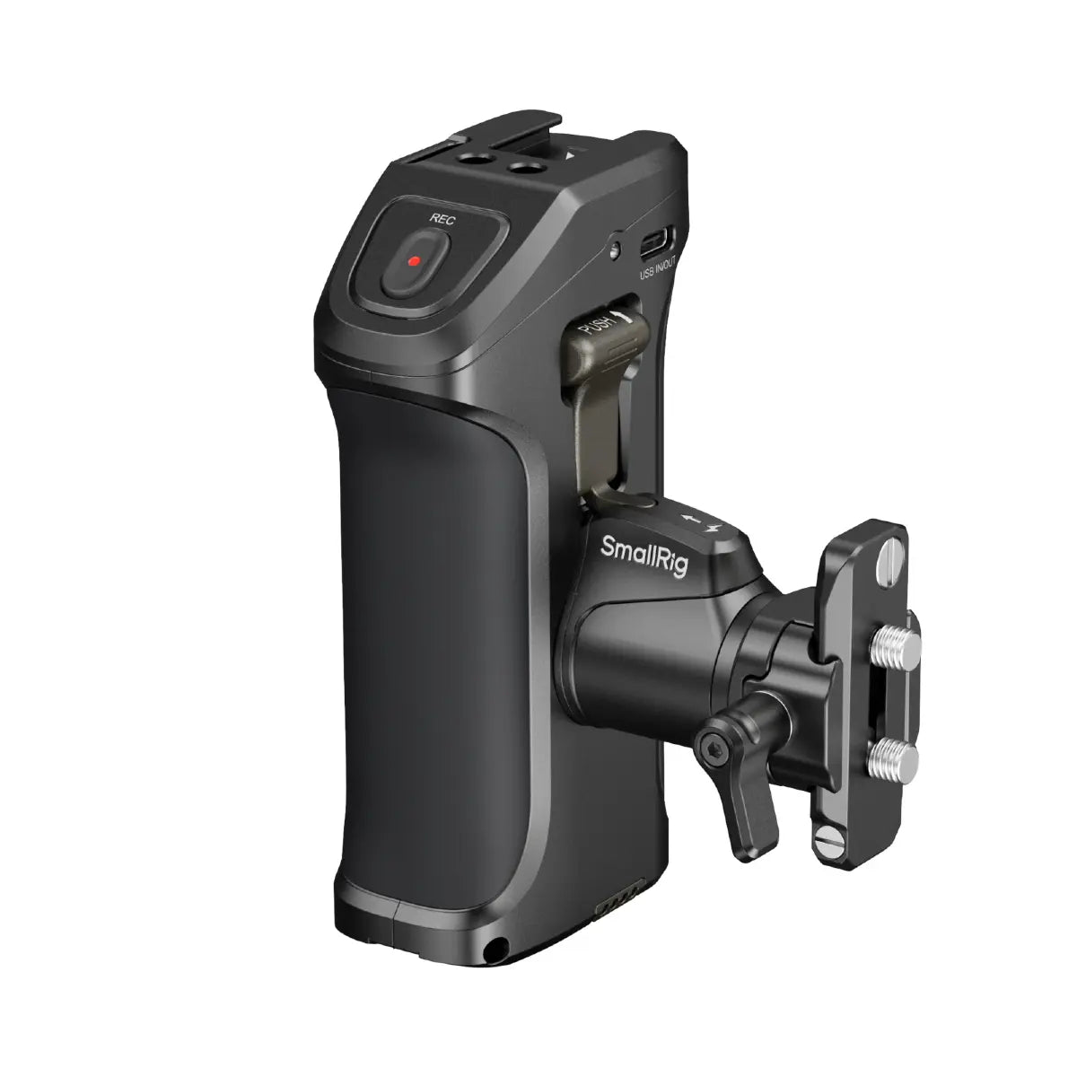 Black camera grip with attached mount on a white background