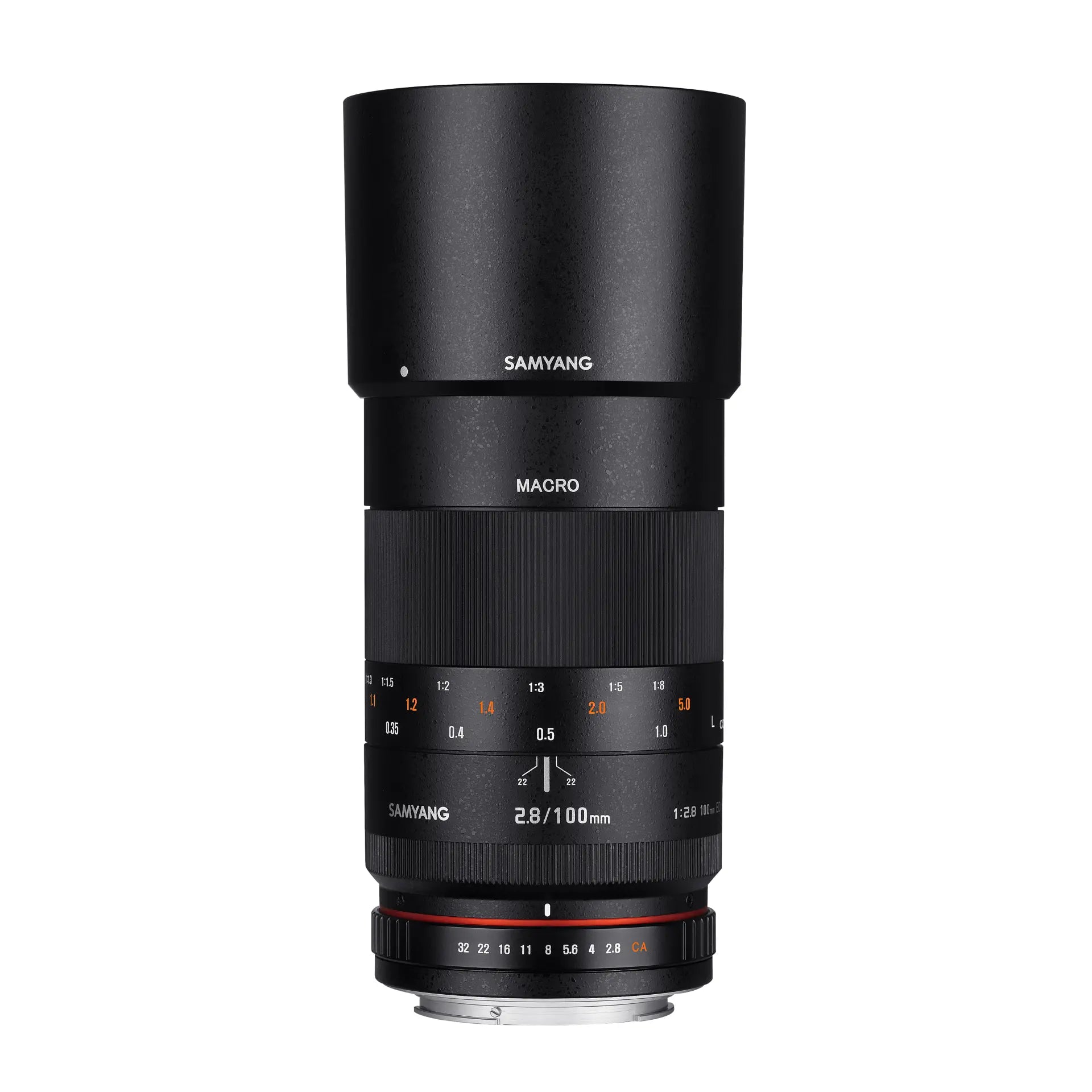 Samyang 100mm Macro f2.8 Lens for Fujifilm X Mount, a telephoto manual focus lens, displayed against a plain background.