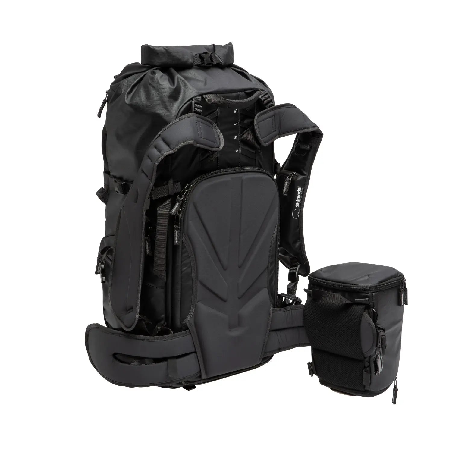 Black backpack with additional pouch on a white background