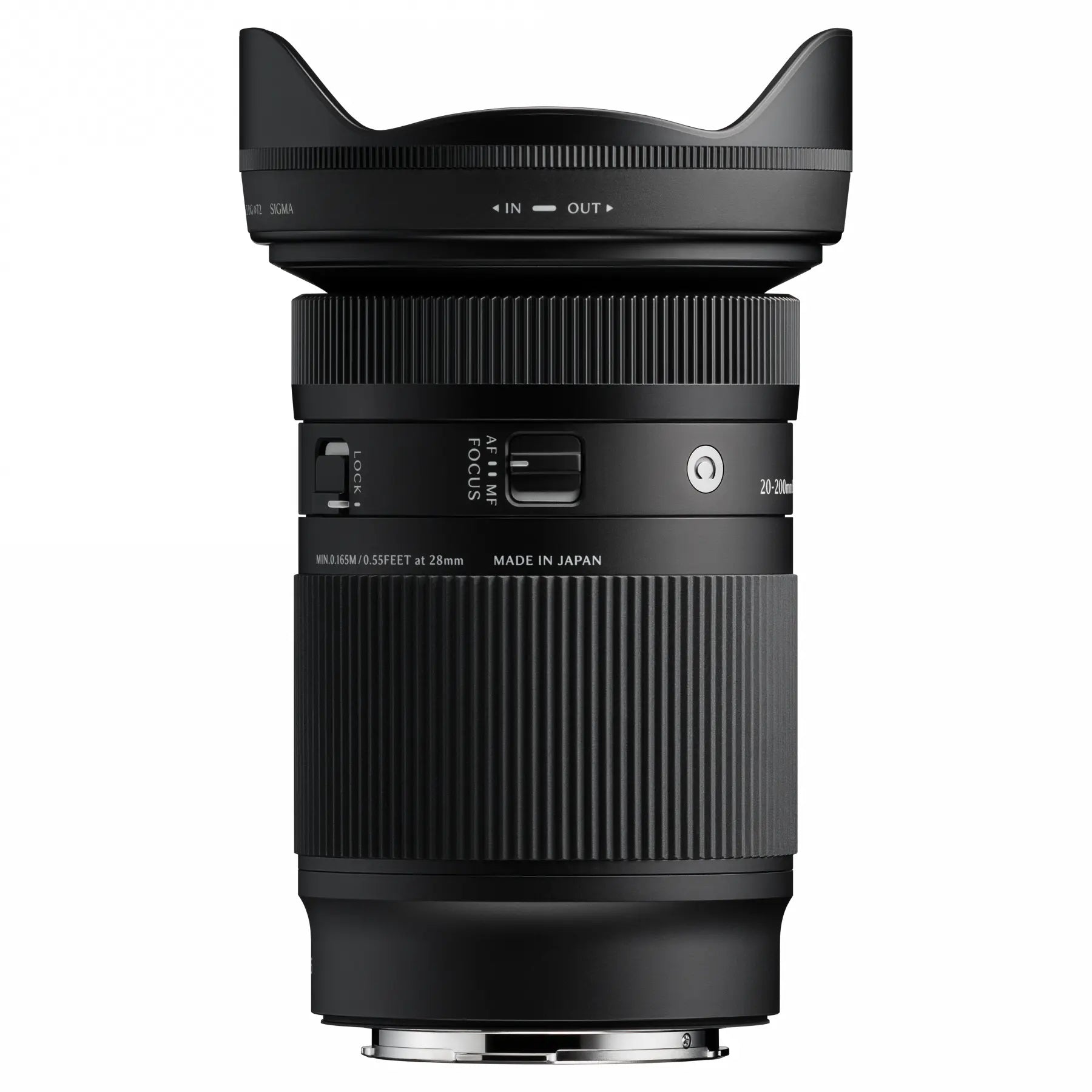 Camera lens with 'Made in Japan' text on a white background