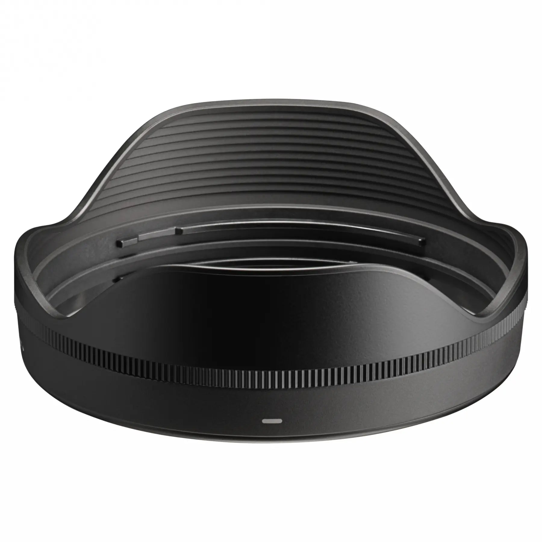 Black camera lens hood on a white background