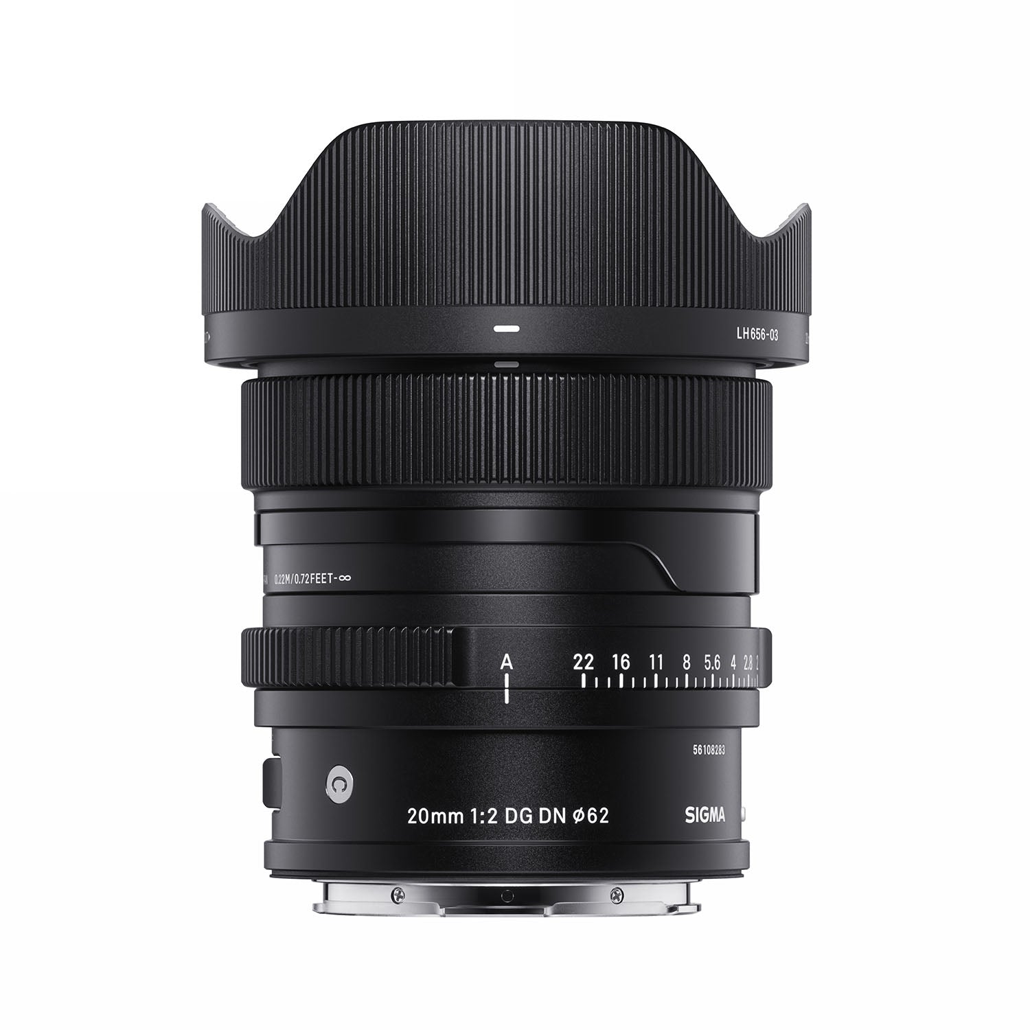 Sigma 20mm f2 DG DN Contemporary Lens with Sony E mount attached, black in color with visible lens markings and a metal hood.