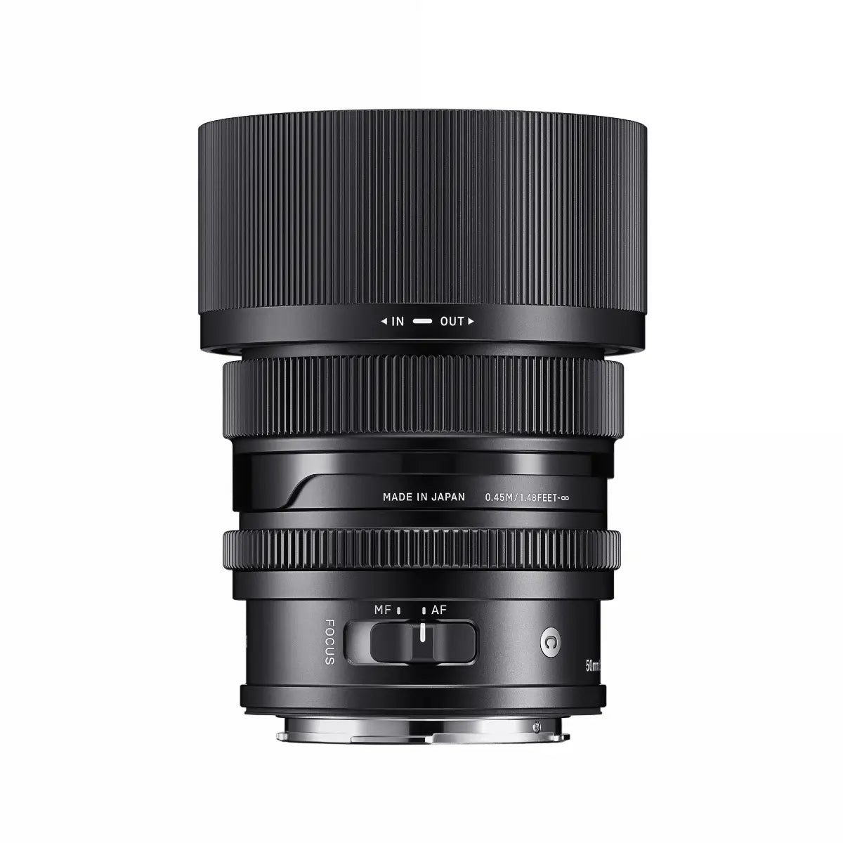 Sigma AF 50mm F/2 DG I Contemporary Lens - L Mount side with lens hood