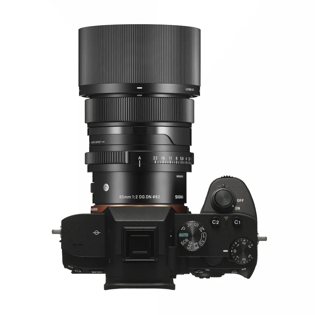 Sigma AF 65mm F/2 DG I Contemporary Lens - Sony E Fit top on camera