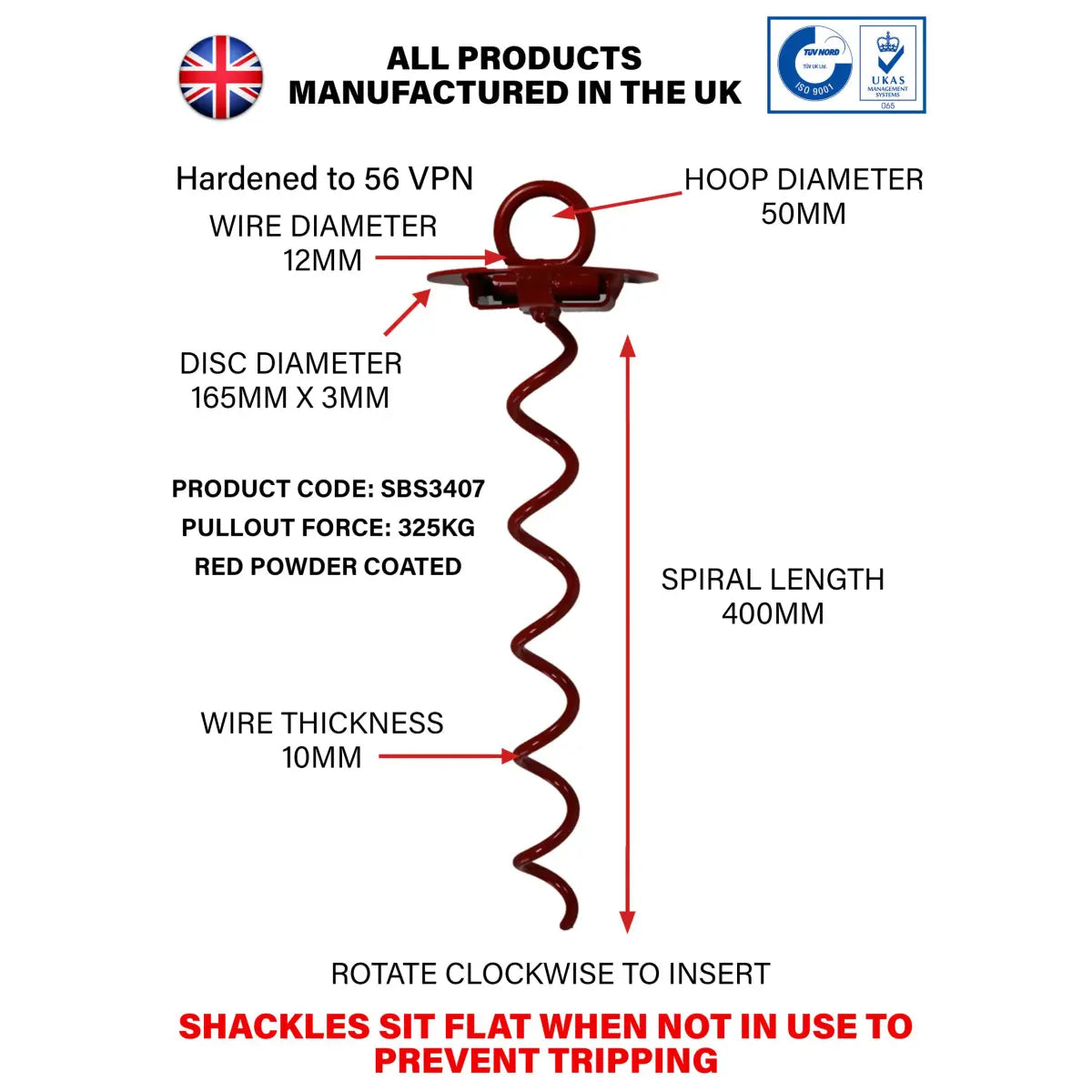 Technical diagram of a shackle with specifications labeled