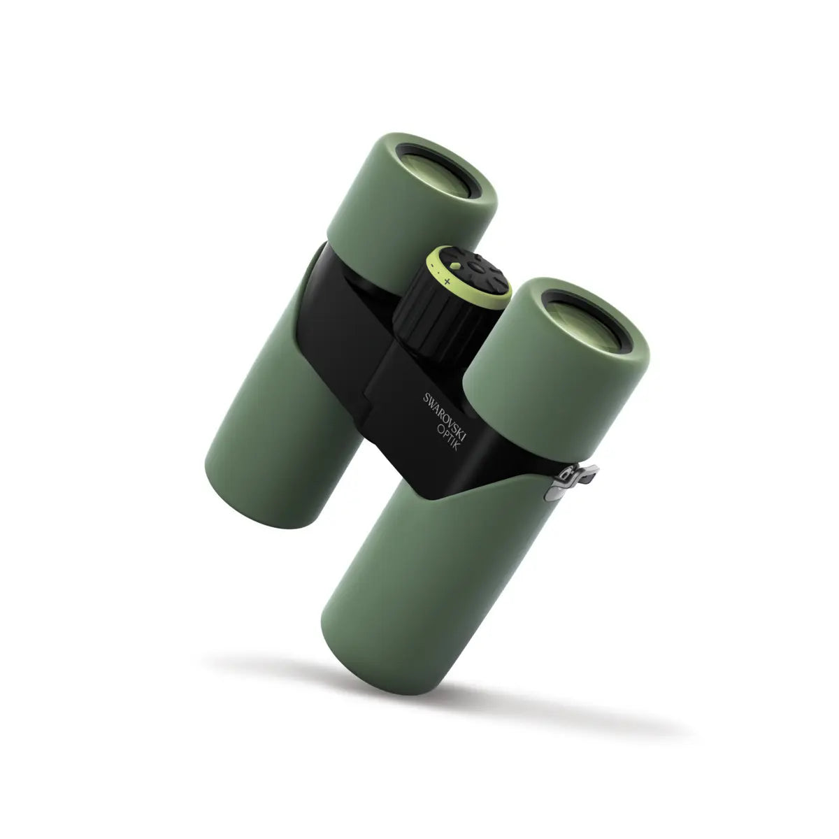 Green binoculars with black strap on a white background