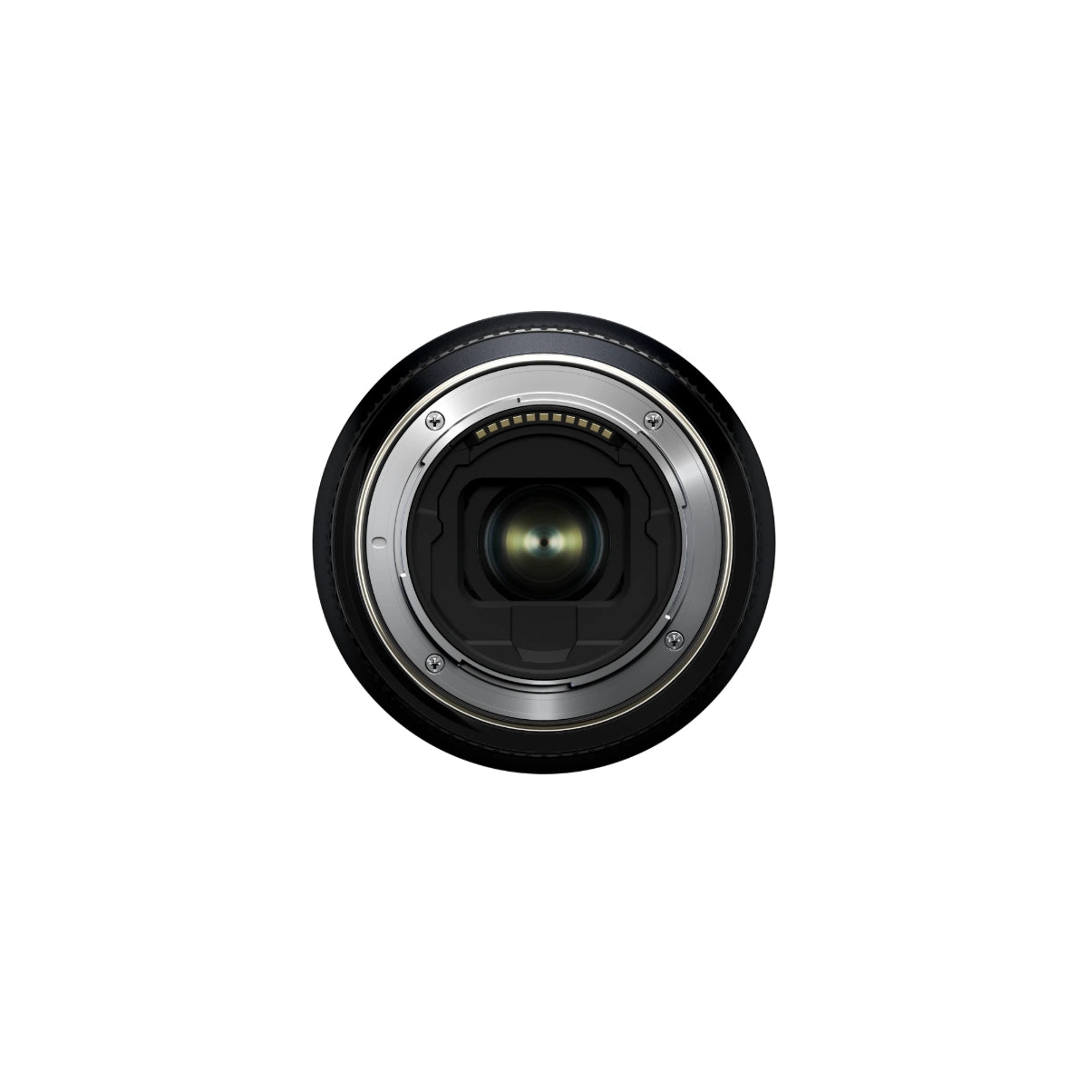 A close-up, top-down view of a camera lens mount showing the front glass element and internal metal contacts, isolated on a solid white background.