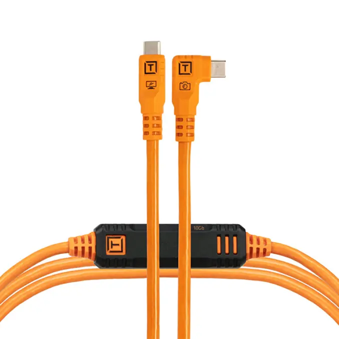 Tether Tools TetherPro Optima 10G USB-C, 15' (4.6m), Straight to Right, High-Visibility Orange top angle