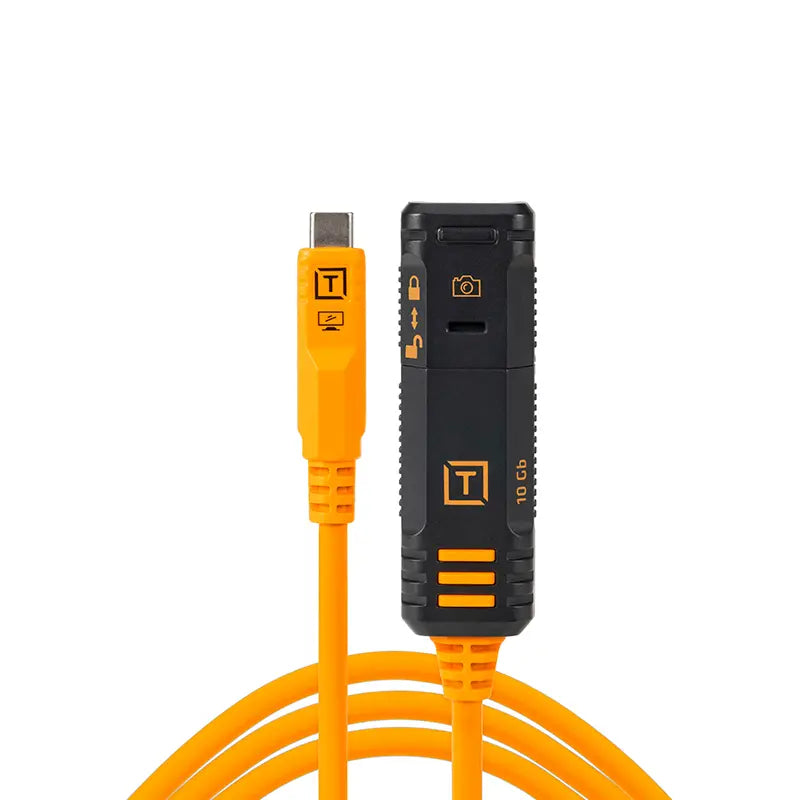Orange cable with black connector on a white background