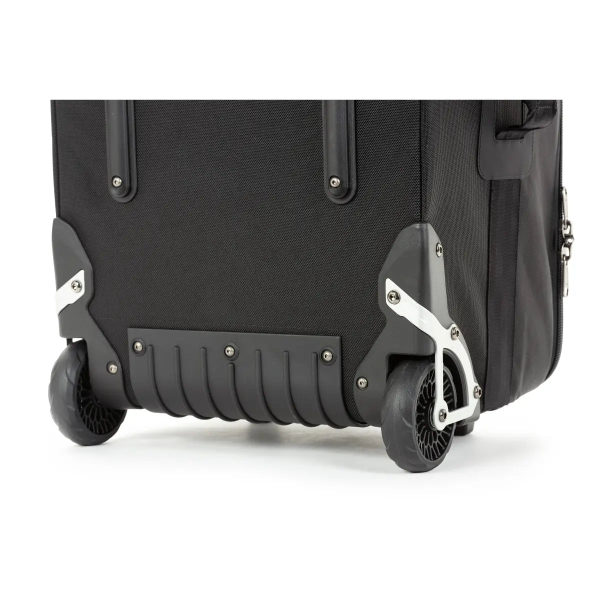 Black suitcase with wheels on a white background