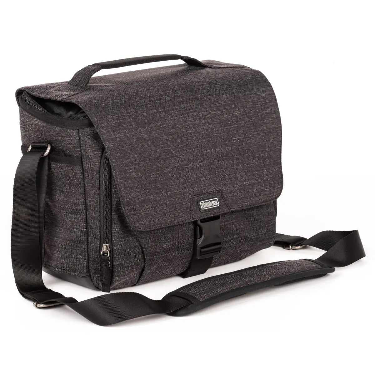 Gray messenger bag with a strap on a white background