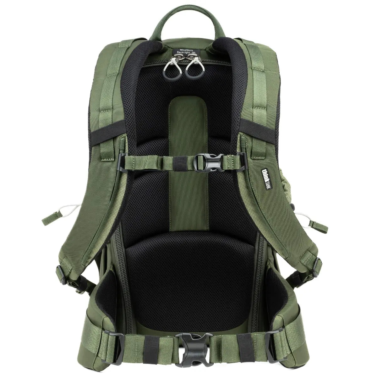 Green hiking backpack with black straps on a white background