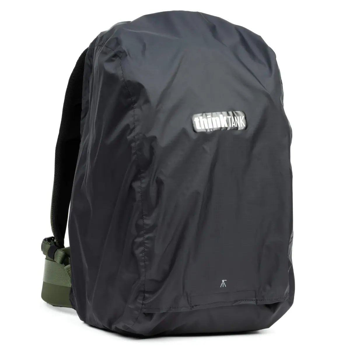 Black backpack cover with a brand logo on a white background