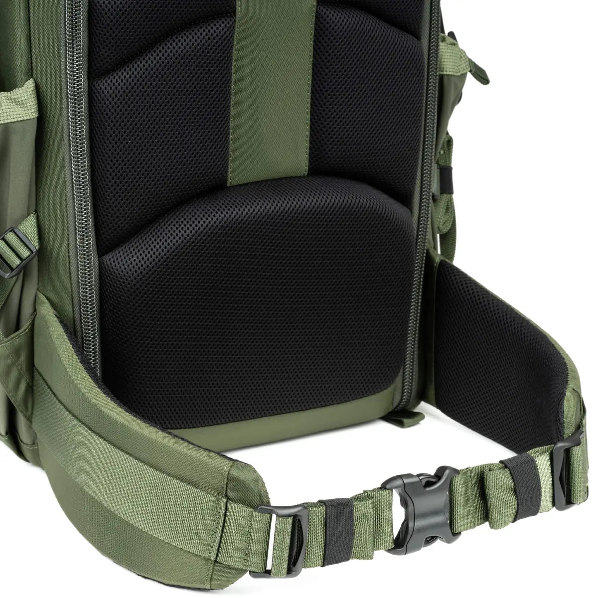 Green backpack with black interior on a white background