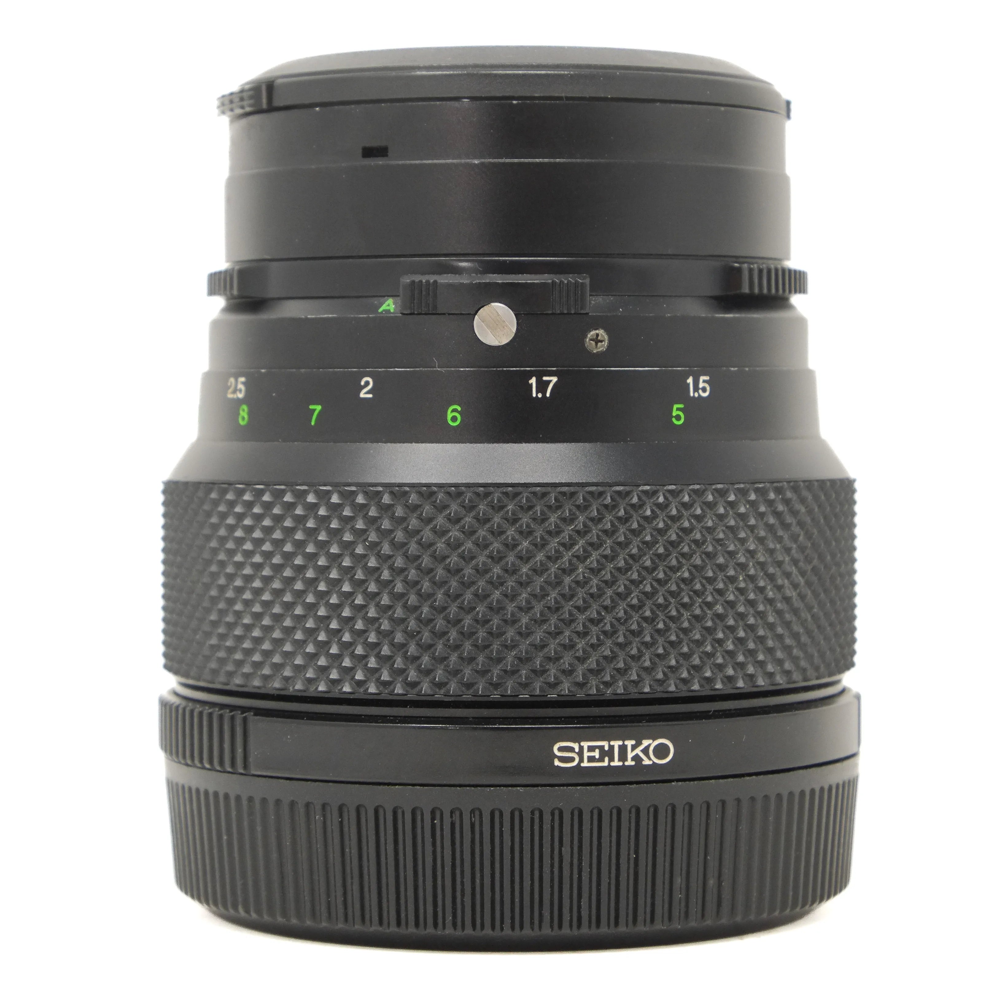 Black camera lens with Seiko branding on a white background