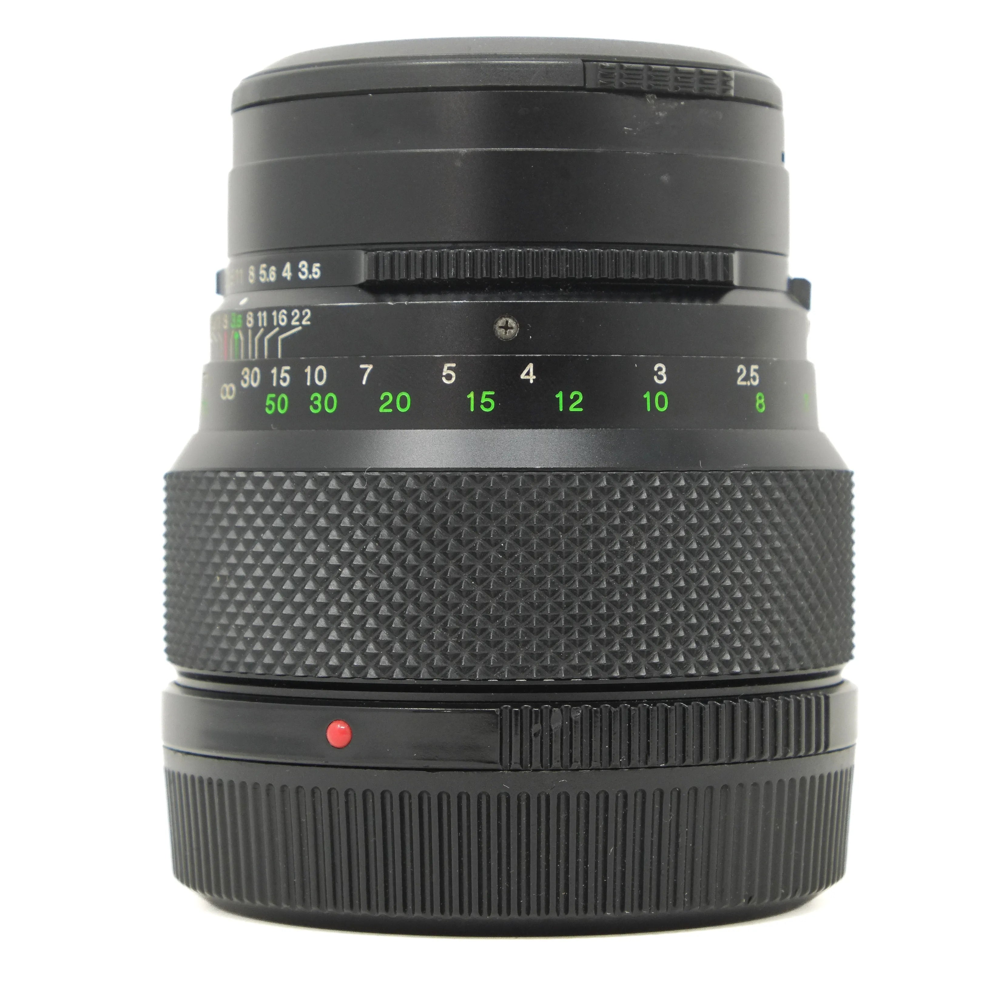 Camera lens with focus and aperture controls on a white background