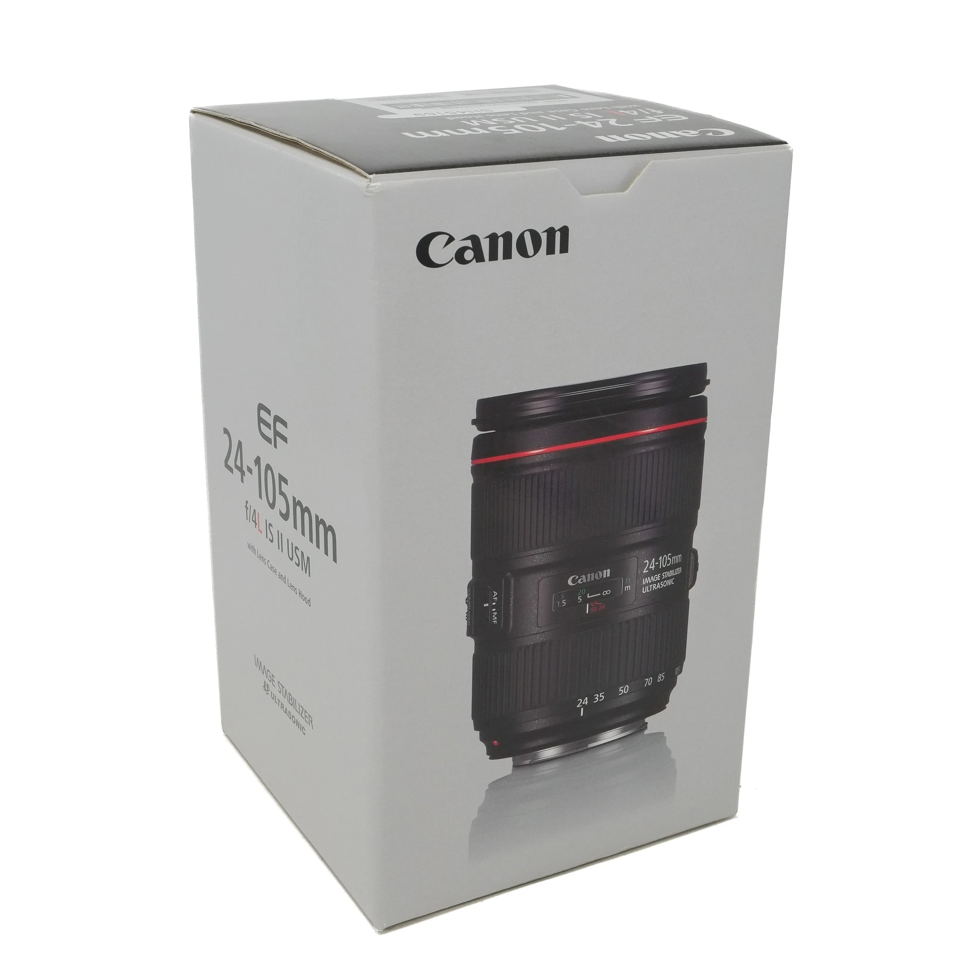 Canon EF 24-105mm lens packaging on a white background