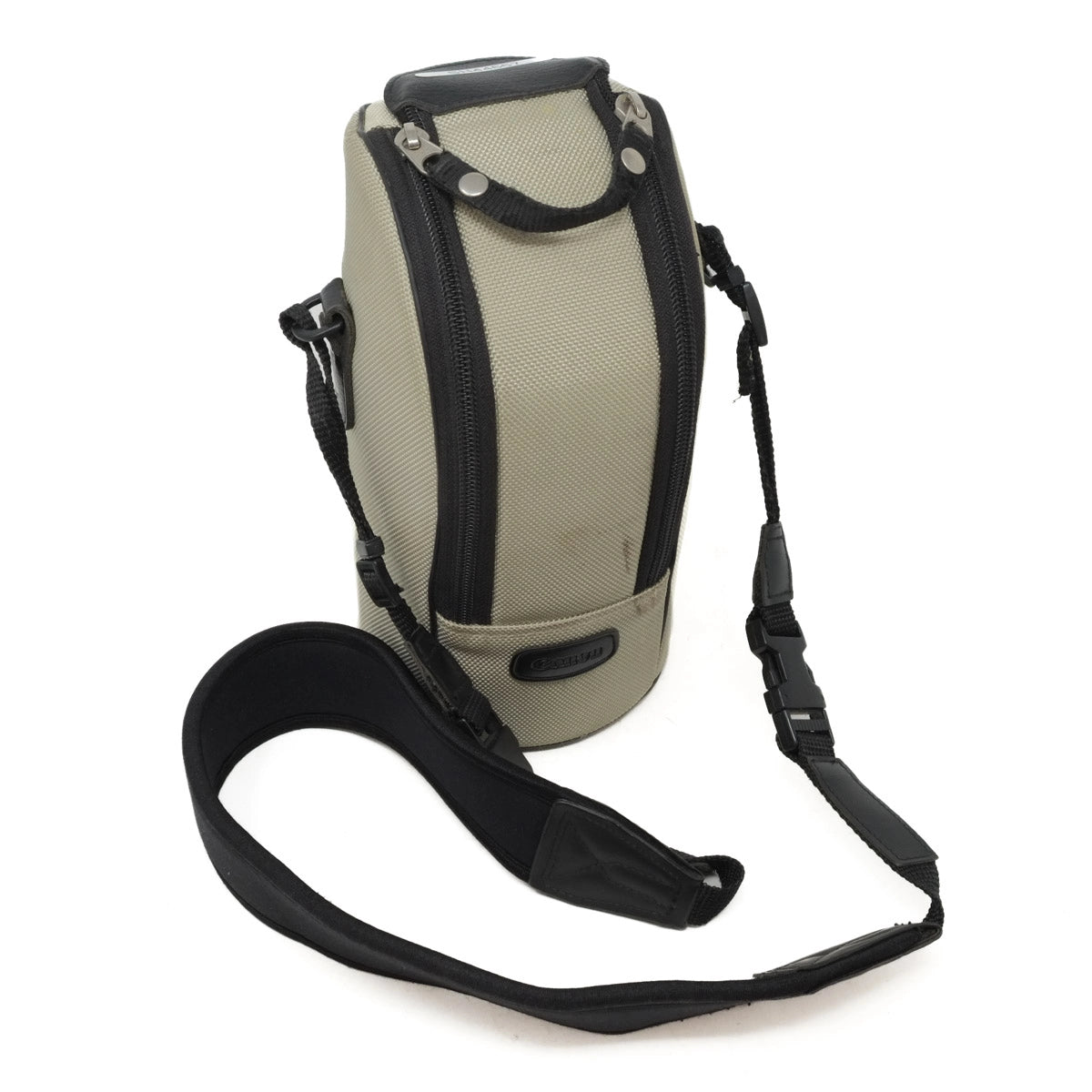 Beige and black bag with a strap on a white background