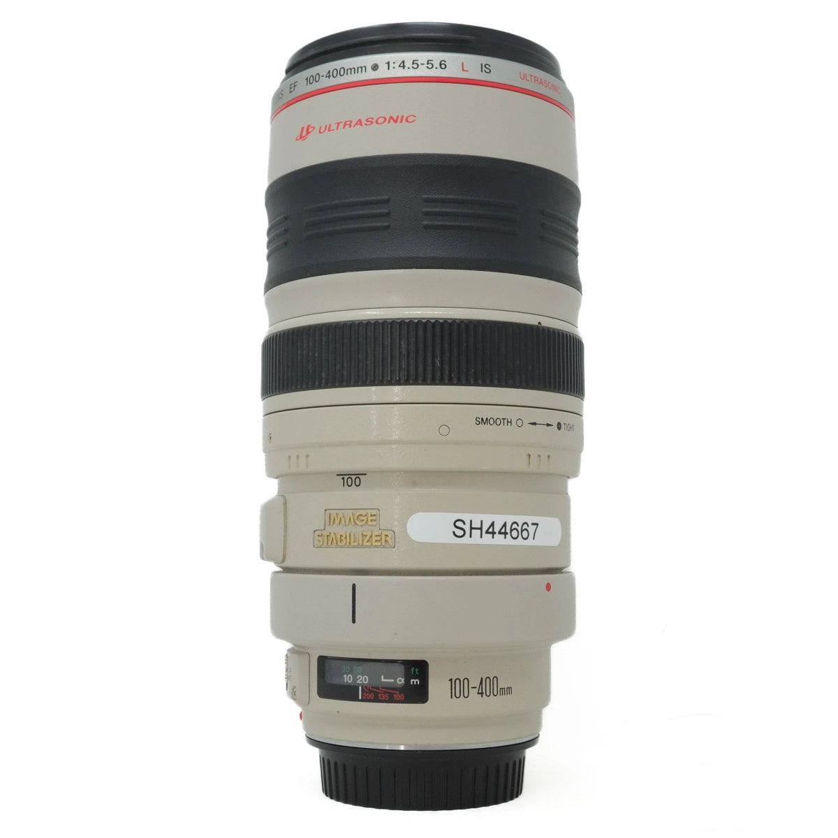 Camera lens with visible model number on a white background
