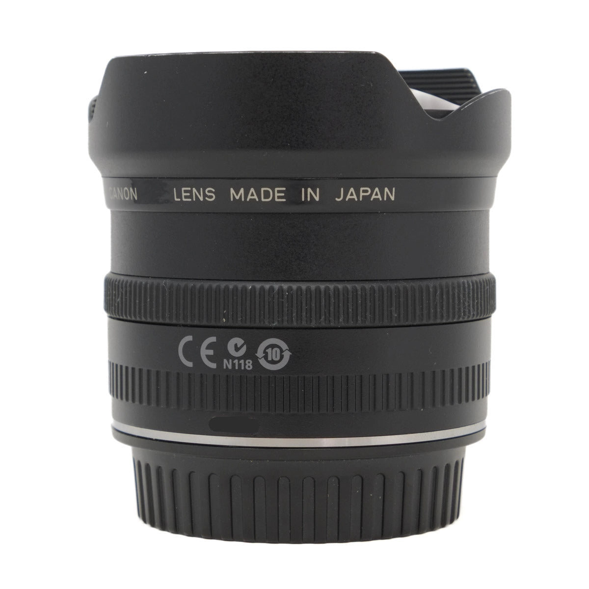 Black Canon camera lens on a white background