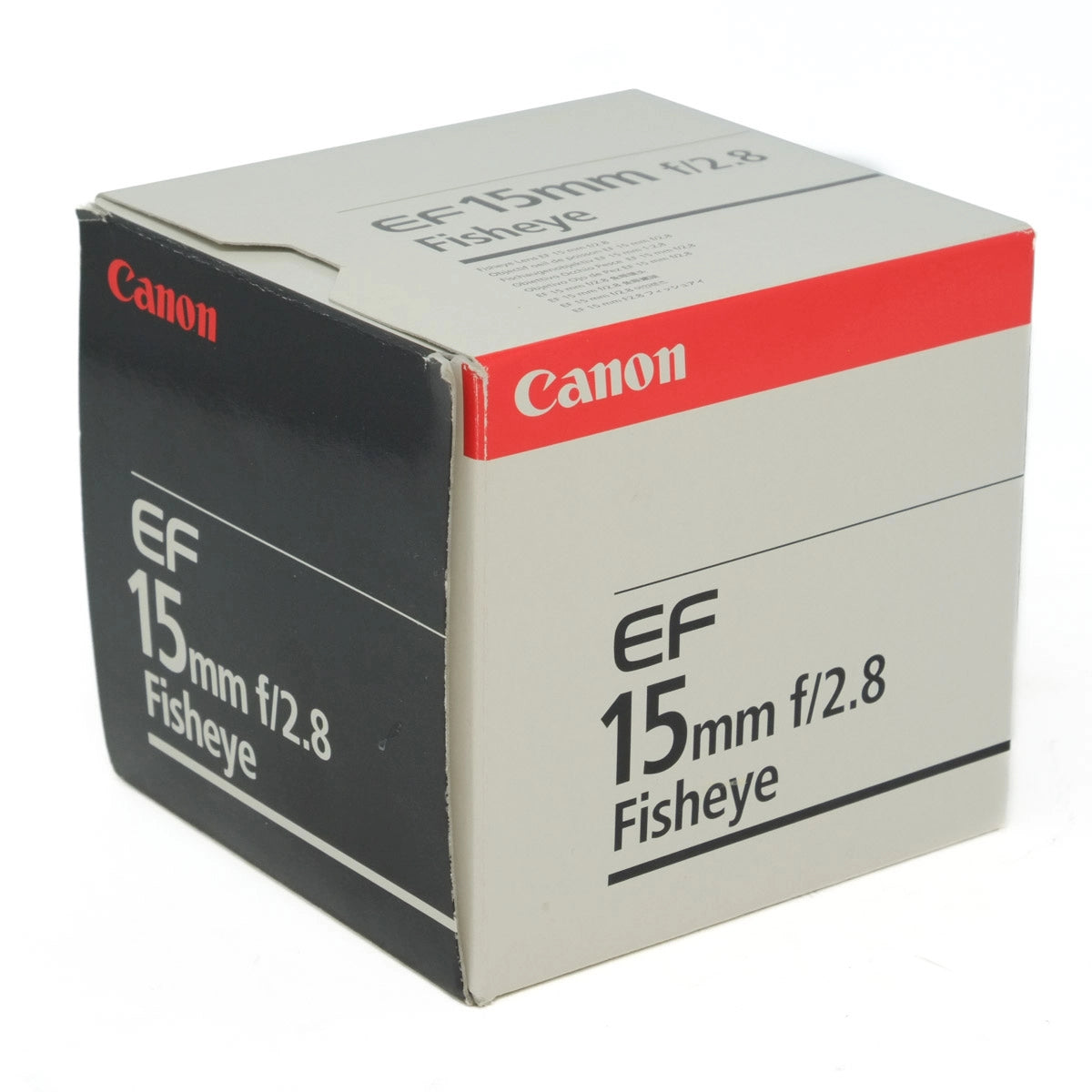 Canon EF 15mm f/2.8 Fisheye camera lens packaging on a white background