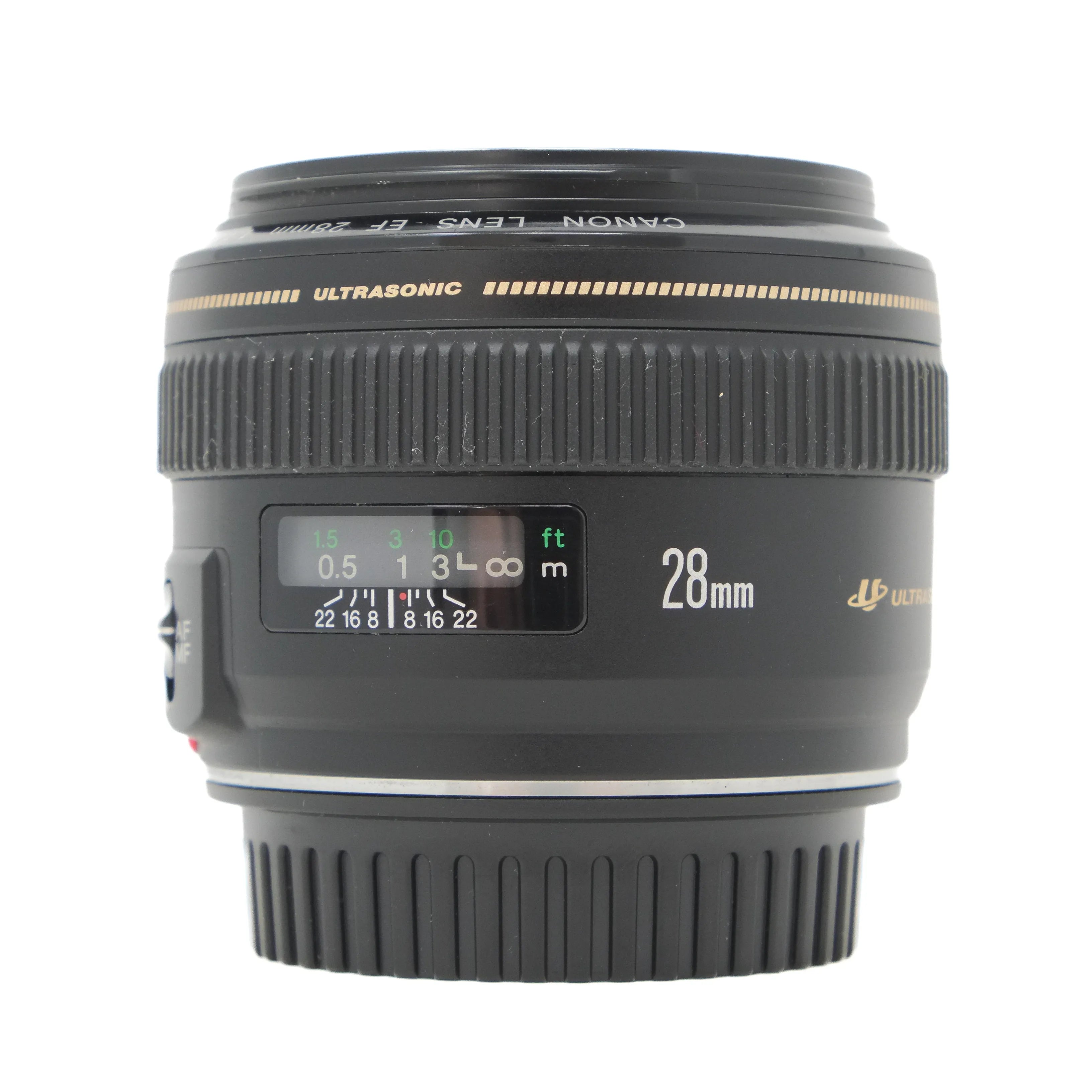 Canon 28mm lens on a white background