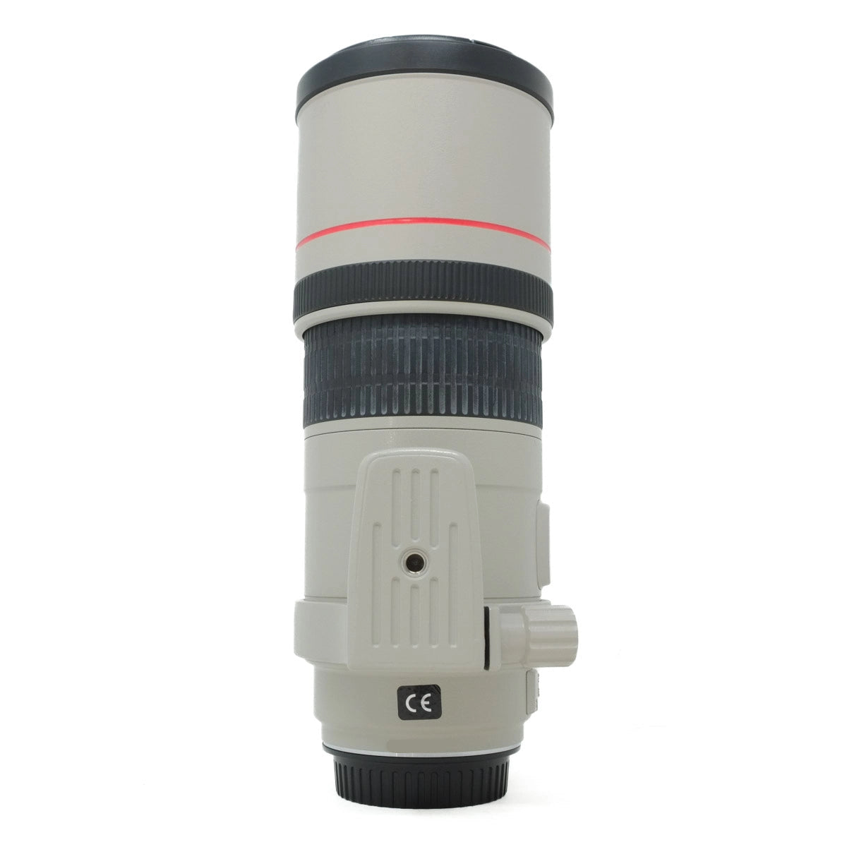Camera lens with a white body and black accents on a white background