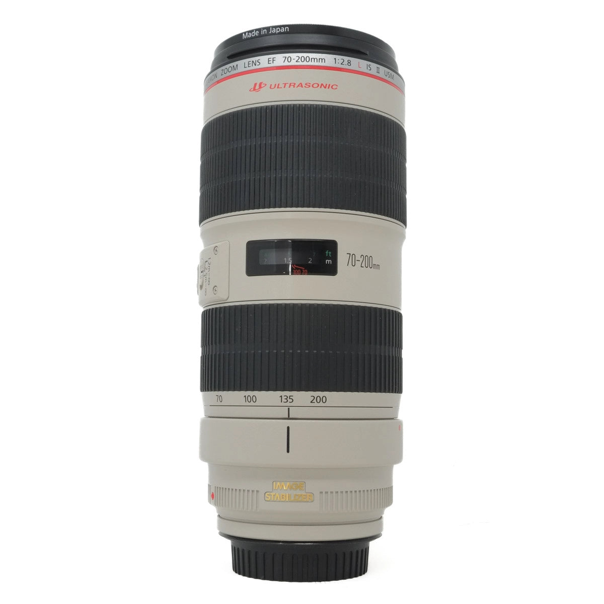 Camera lens with brand markings on a white background