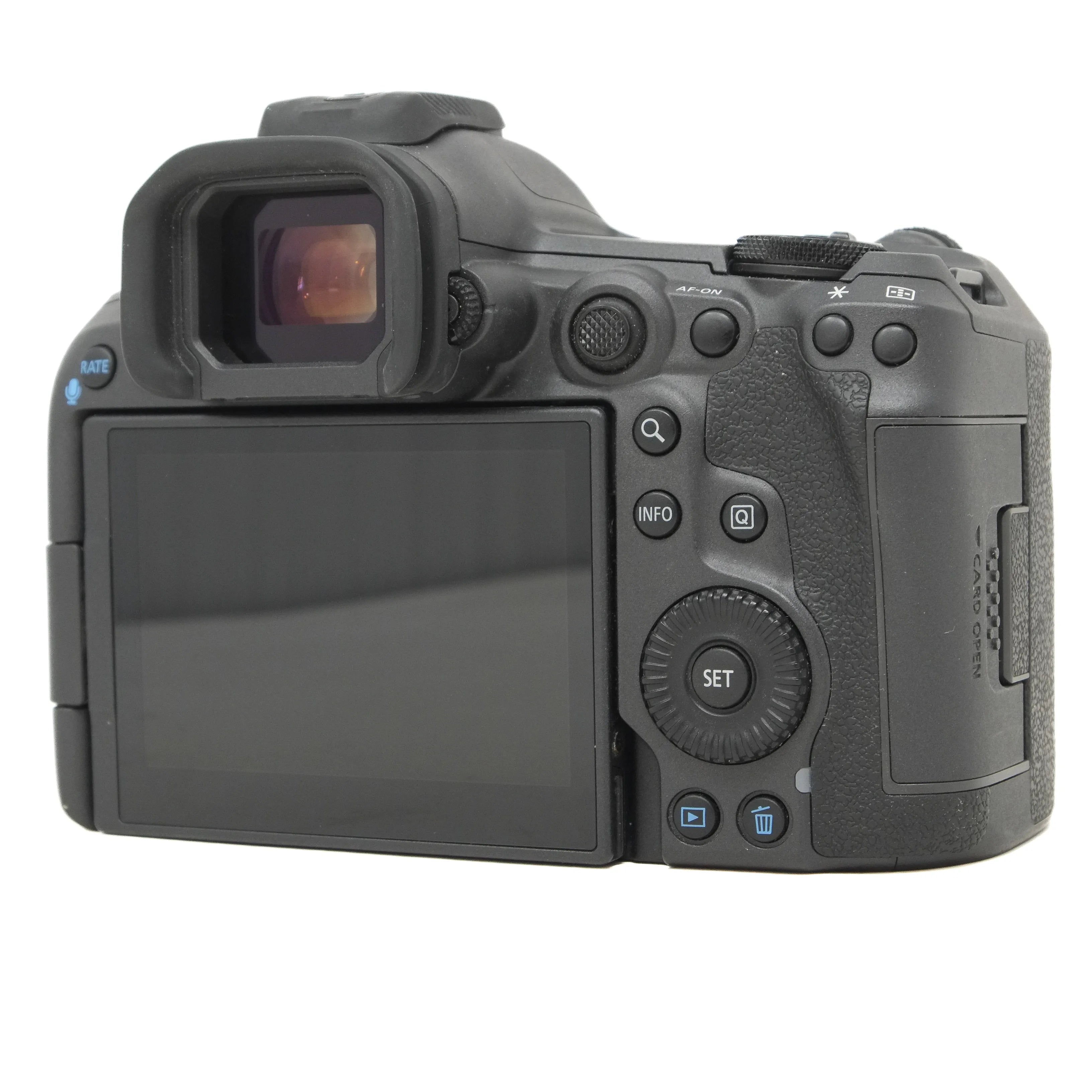 Black camera body with screen and control buttons on a white background