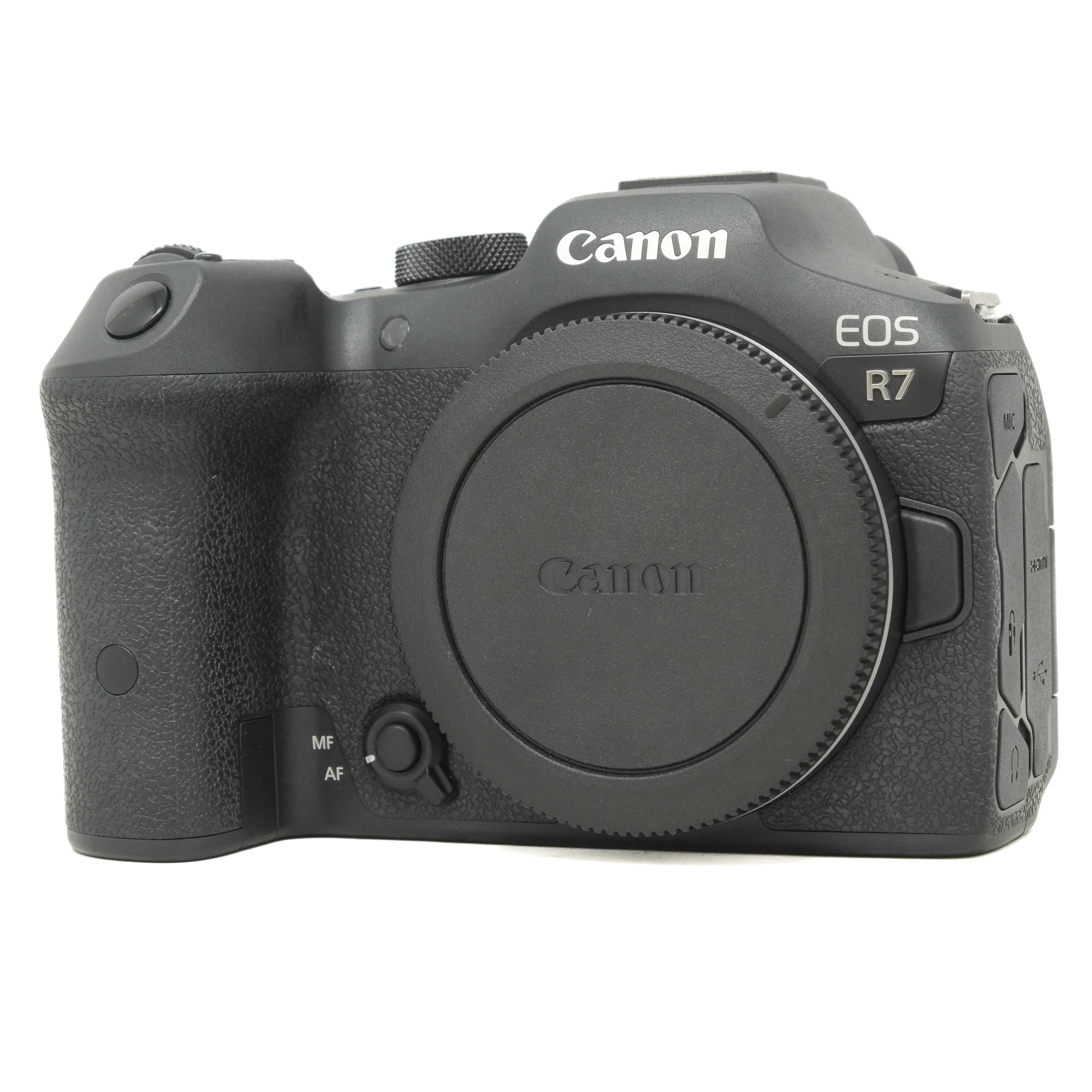 Canon EOS R7 camera body on a white background