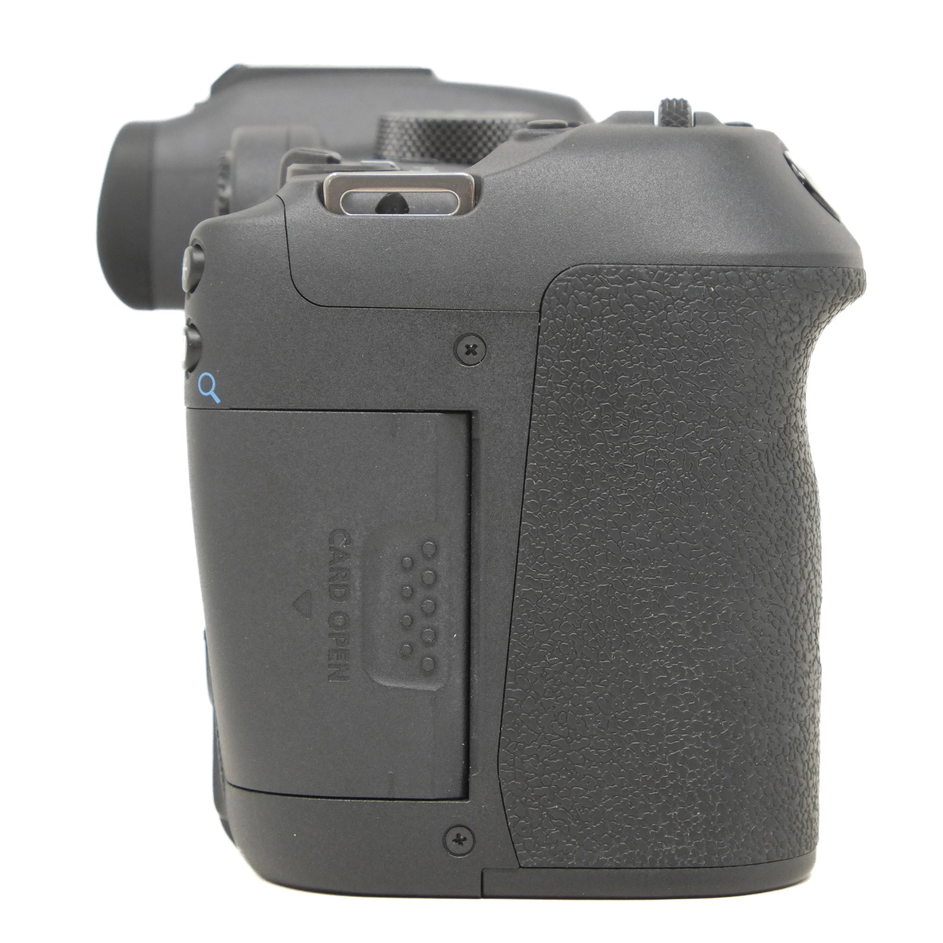 Side view of a black camera body on a white background