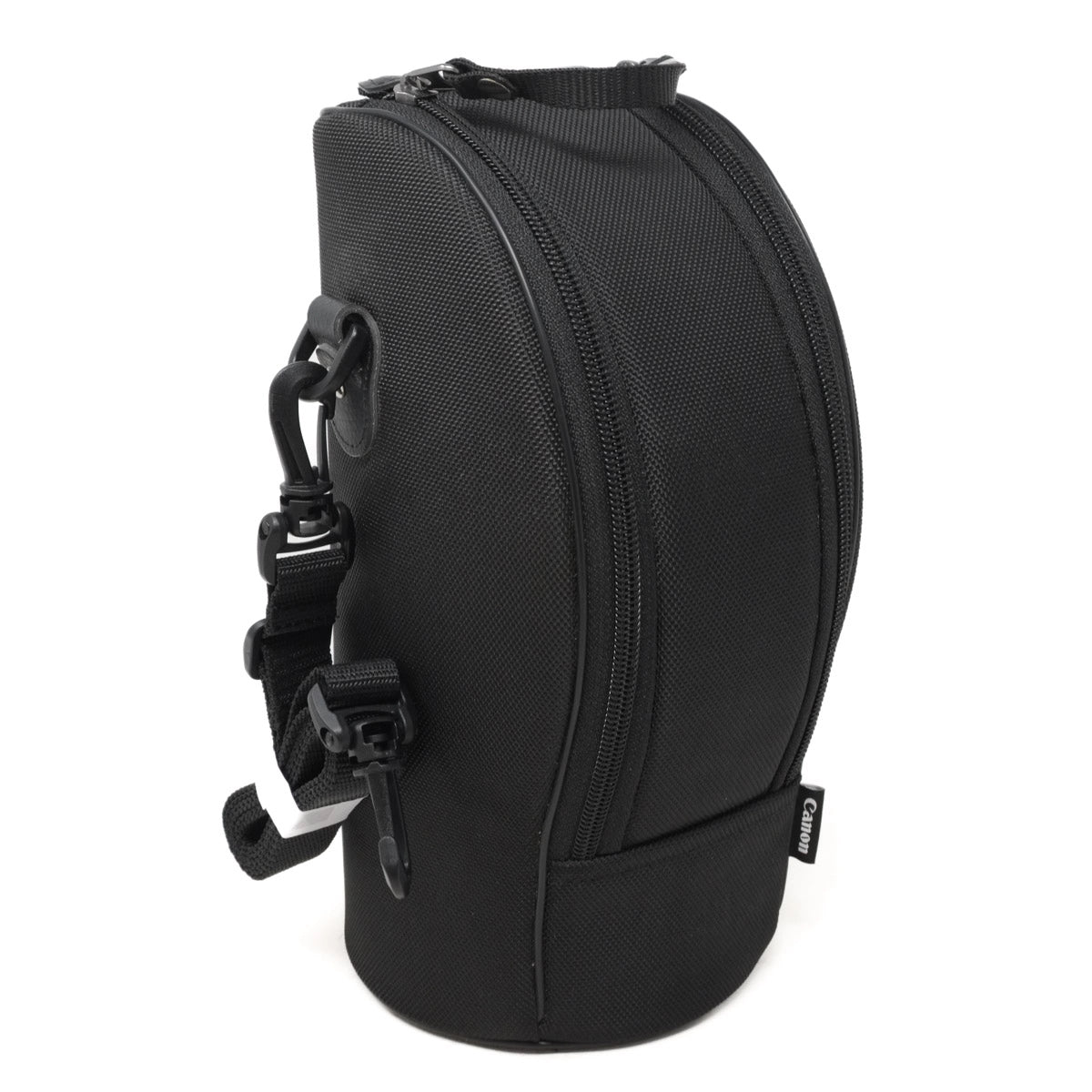 Black camera lens bag with straps on a white background