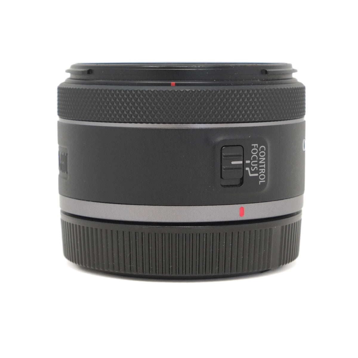 Camera lens with control and focus buttons on a white background