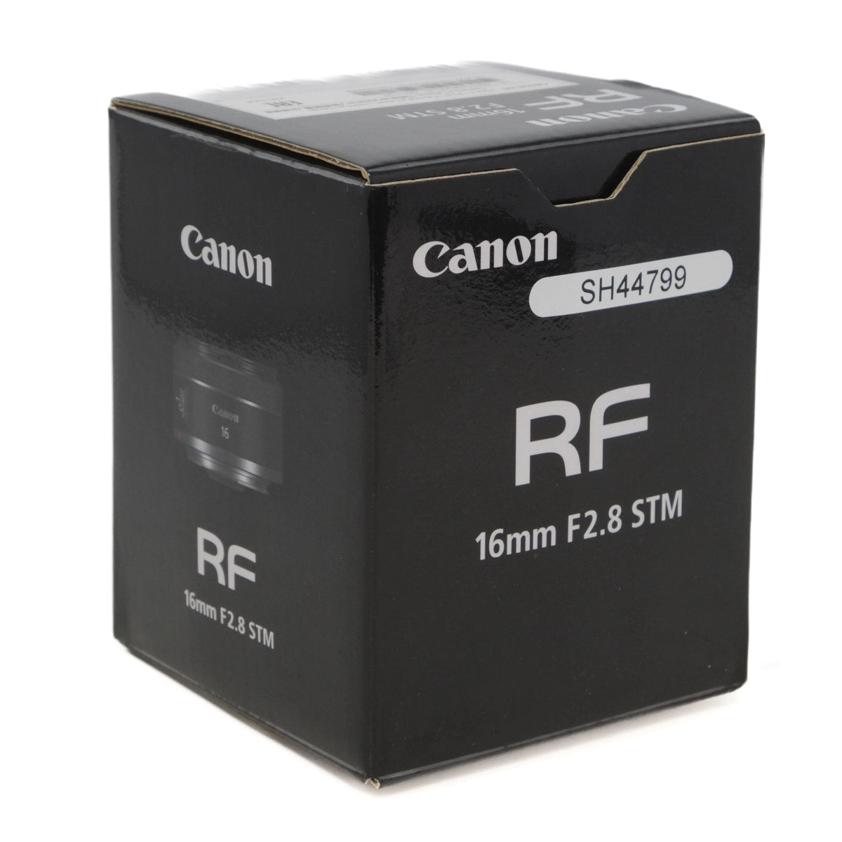 Canon RF 16mm F2.8 STM camera lens packaging on a white background