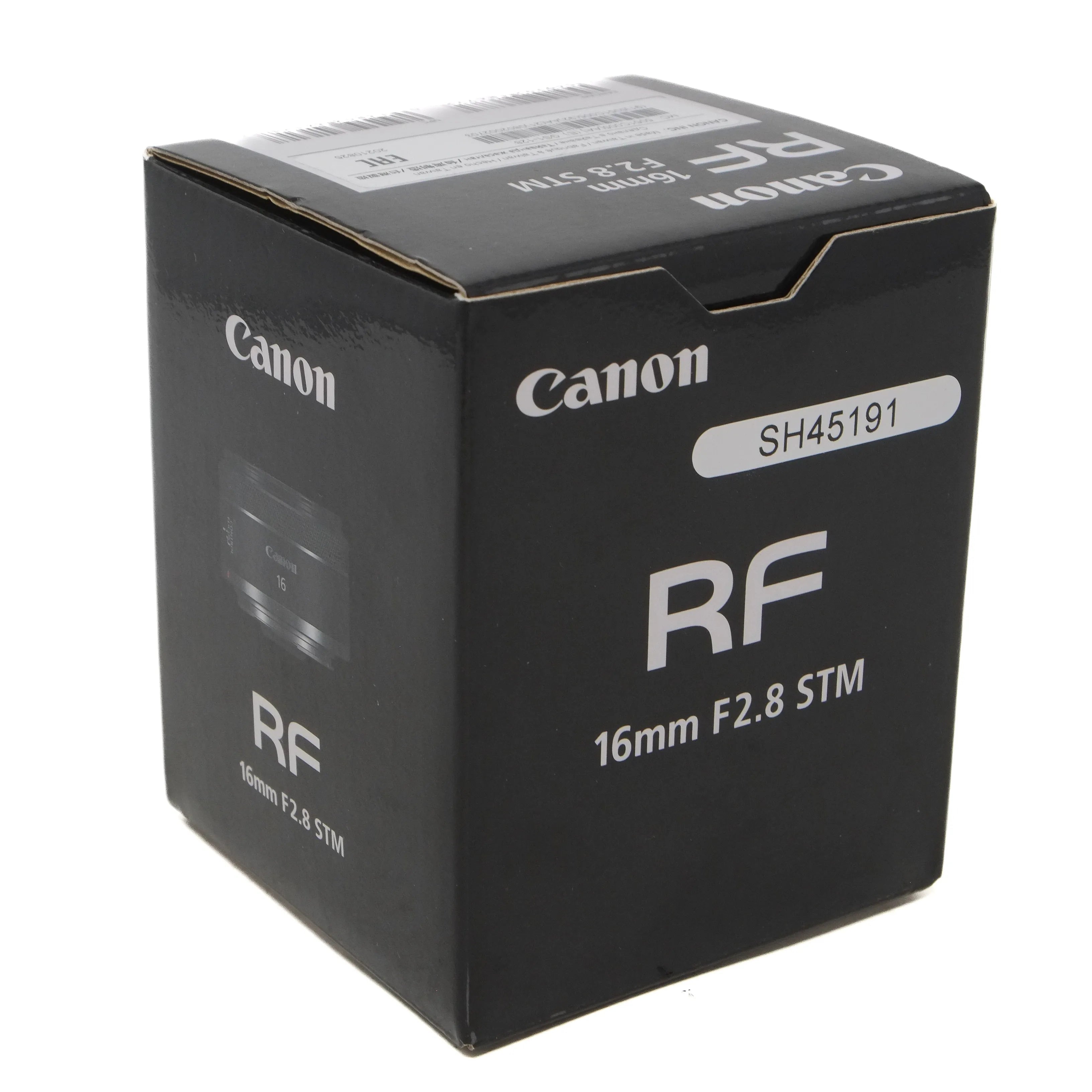 Canon RF 16mm F2.8 STM camera lens packaging on a white background