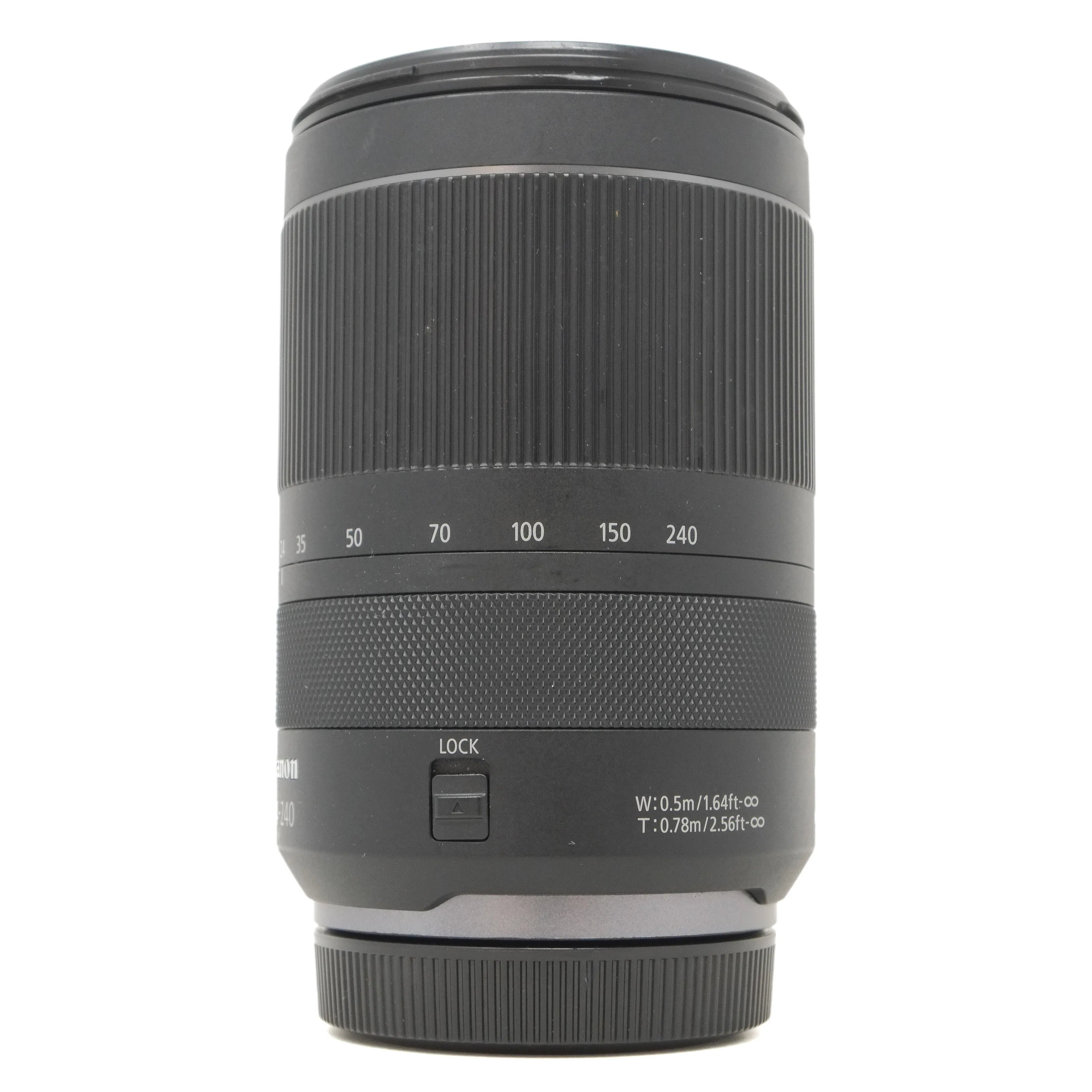 Camera lens with focus scale and specifications on a white background