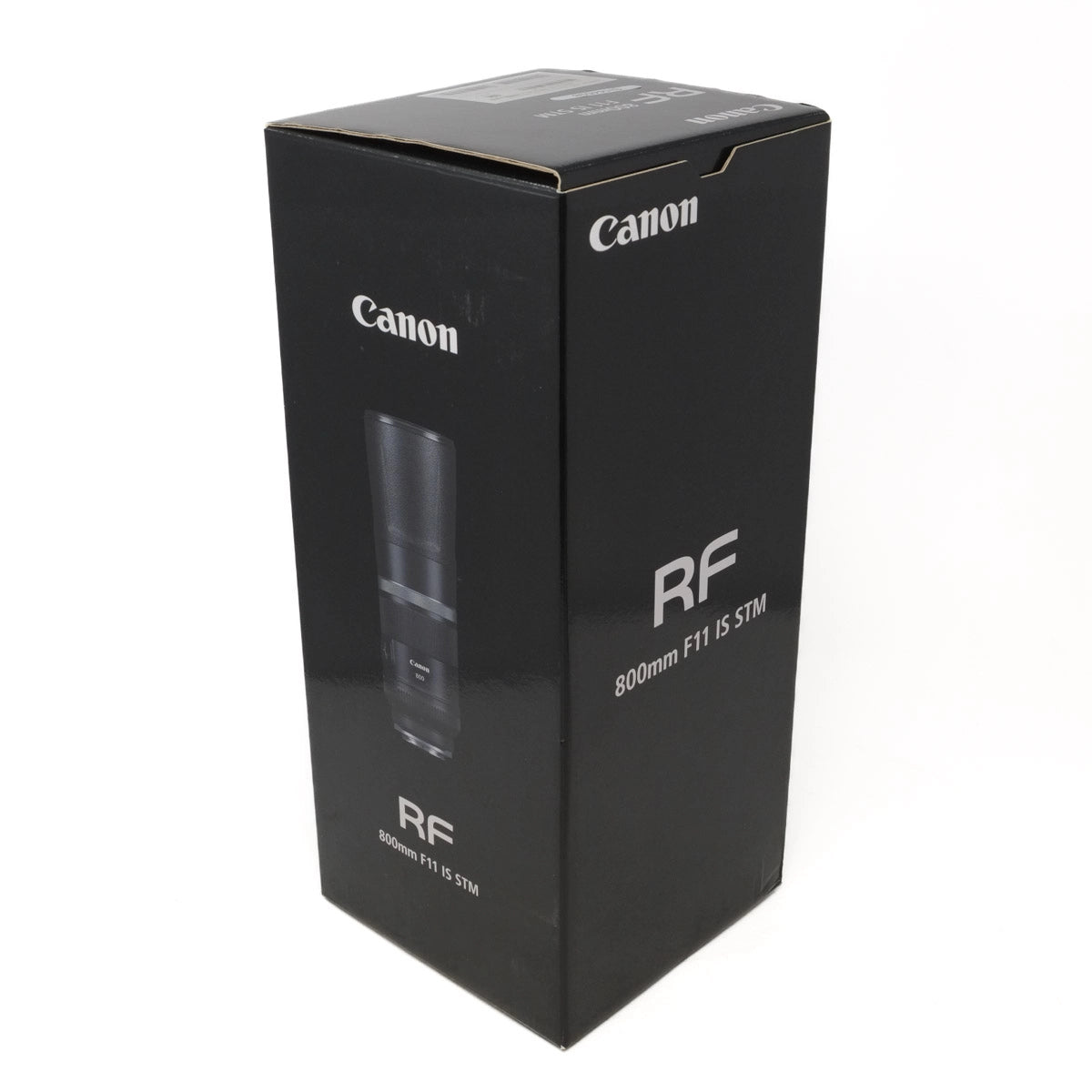 Canon RF 800mm F11 IS STM camera lens packaging on a white background