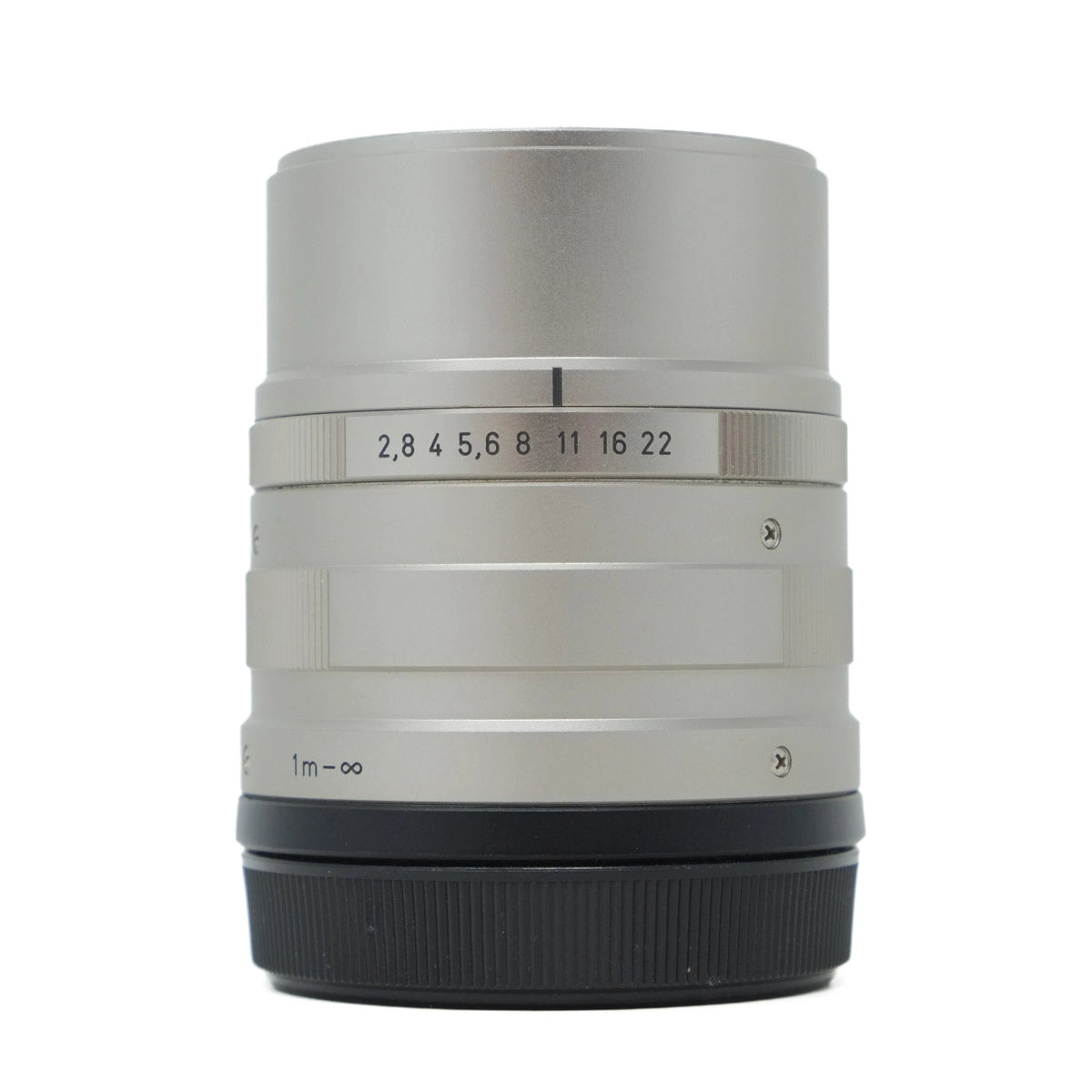 Camera lens with focus and aperture markings on a white background