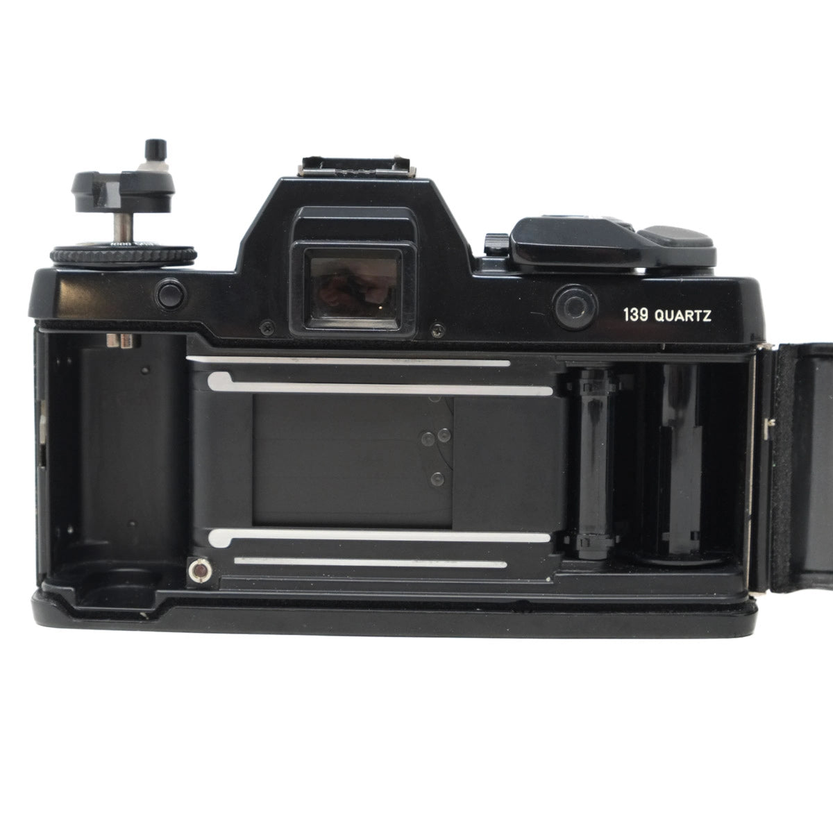 Black camera body with open back on a white background