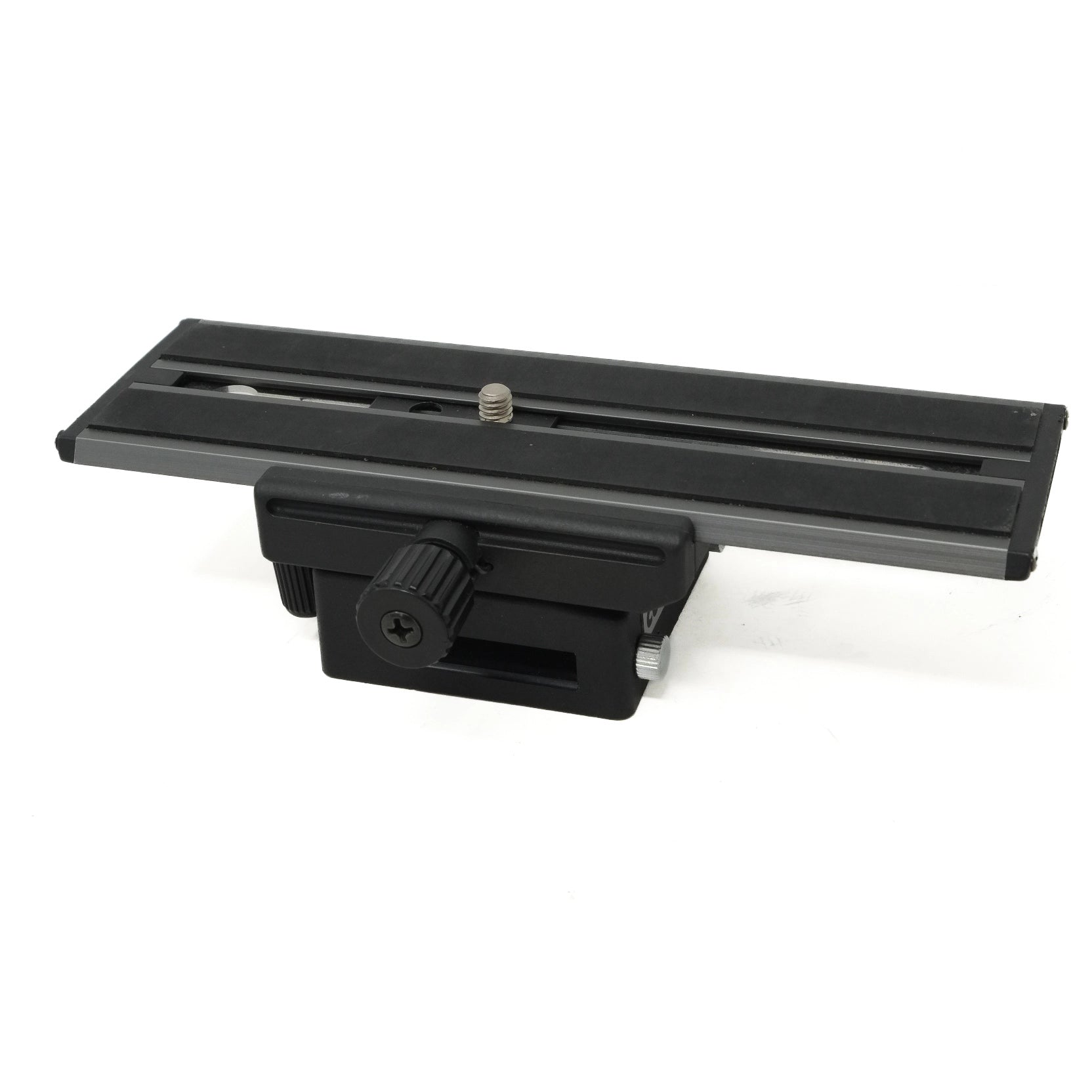 Black camera accessory on a white background