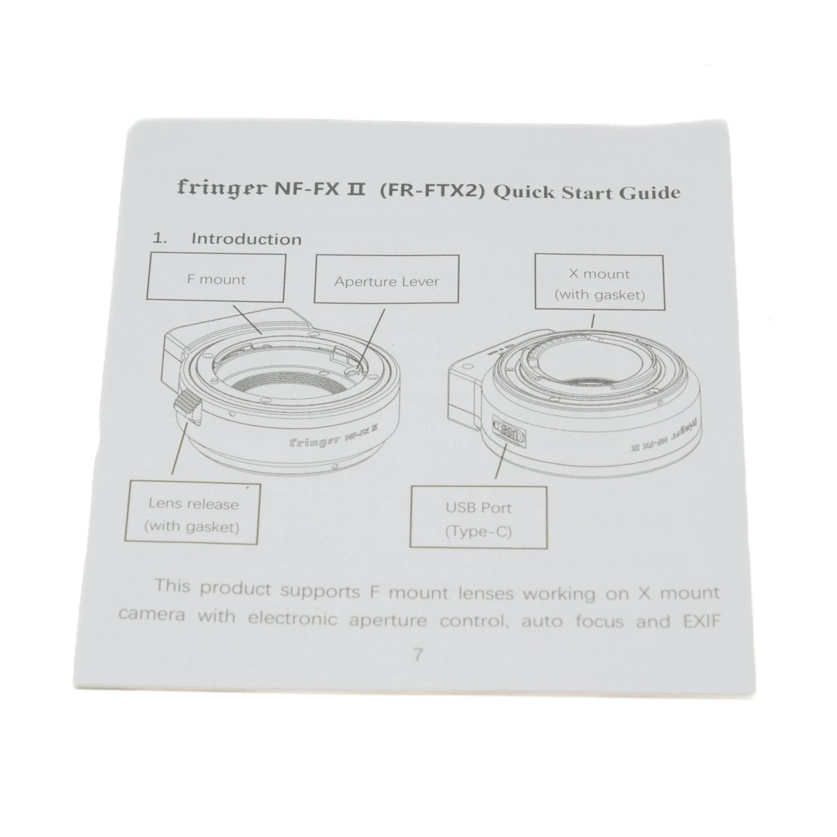 Used Fringer Smart Adapter FR-FTX2 Nikon F to Fuji X Mount - instructions 