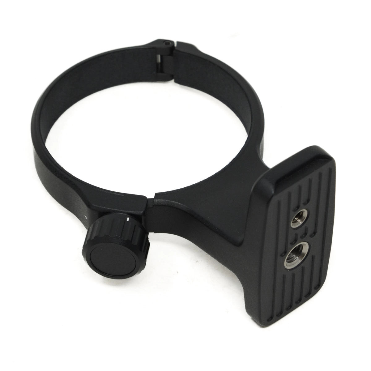Black camera mount bracket on a white background