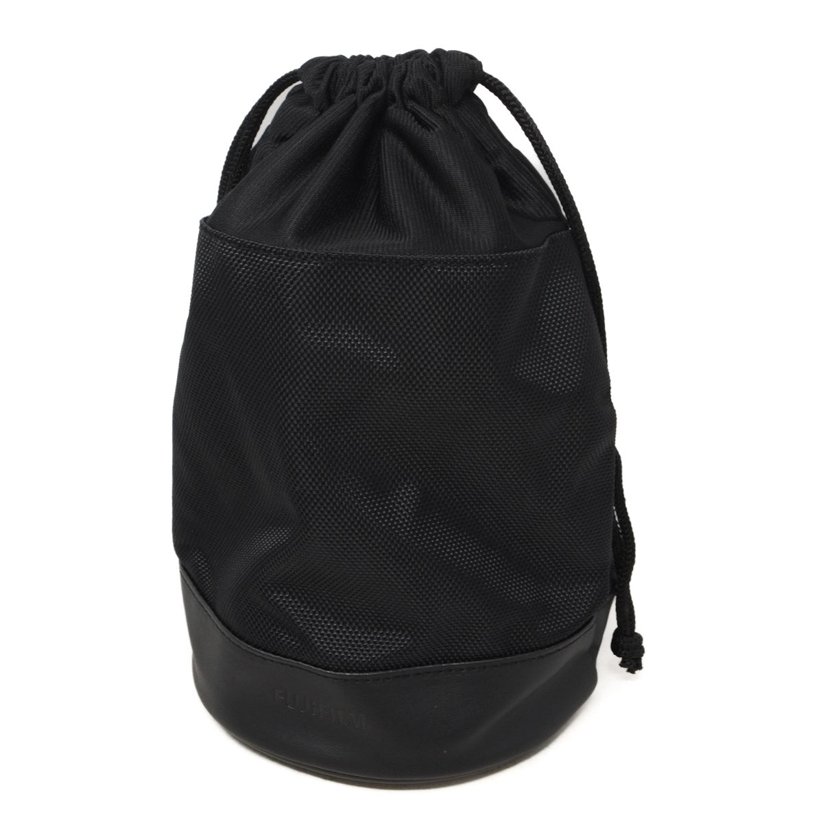 Black drawstring bag with mesh side on a white background