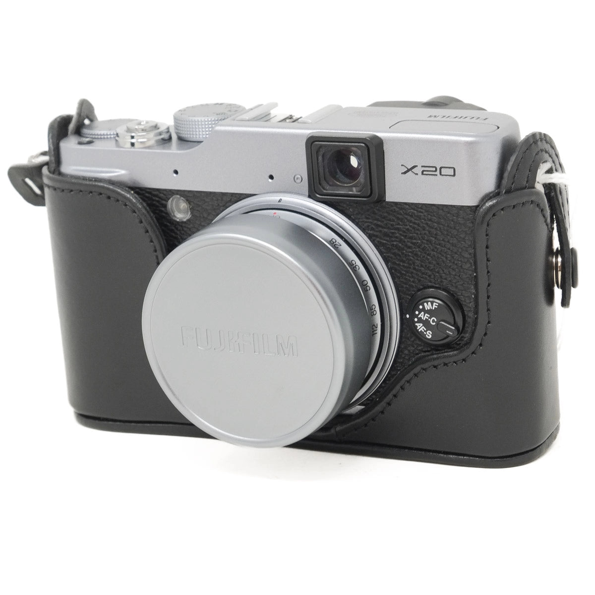 Digital camera with black leather case on a white background