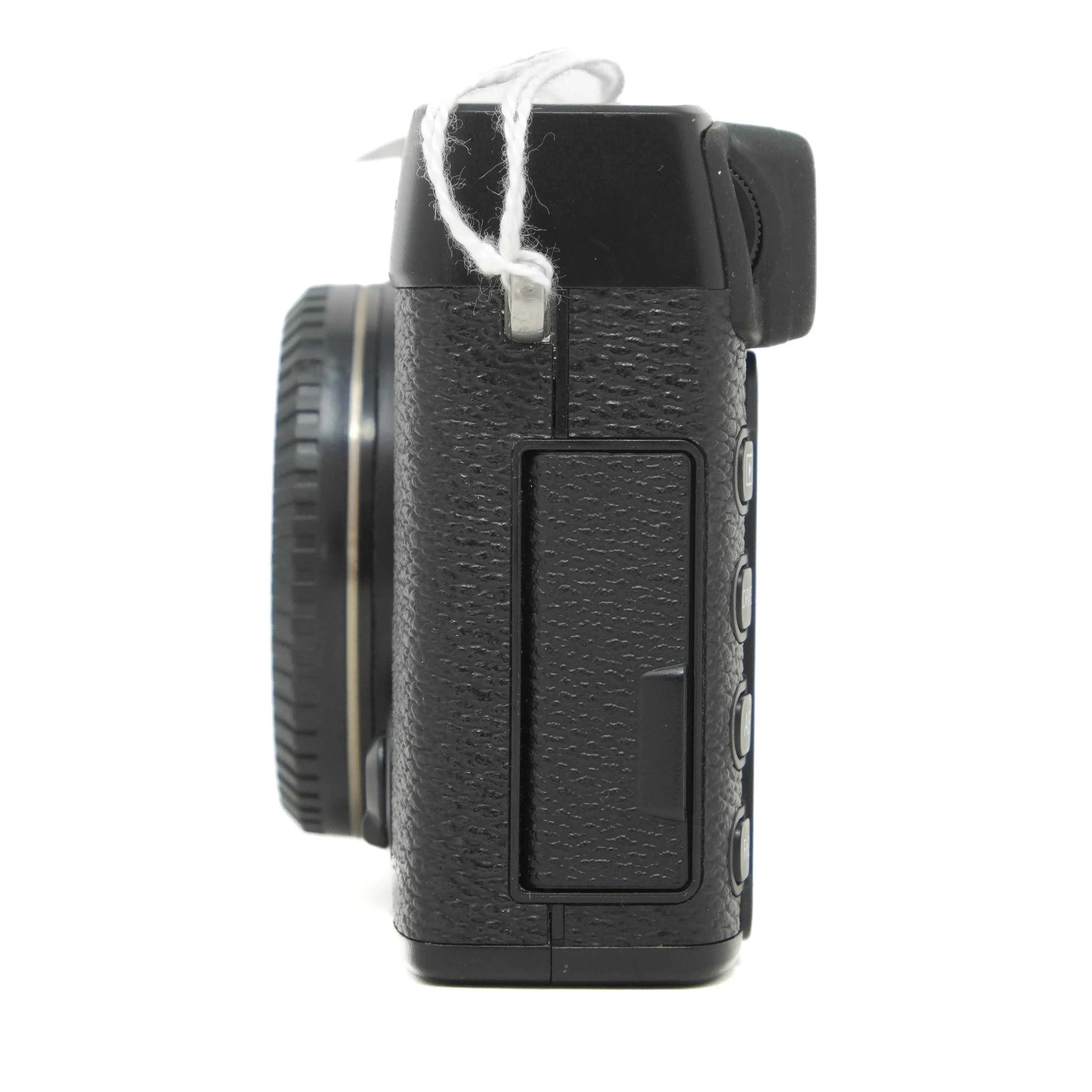 Black camera body on a white background