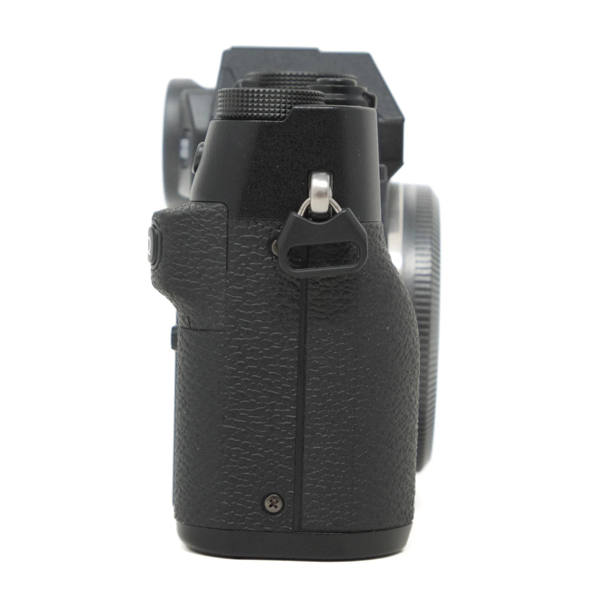 Black camera body on a white background