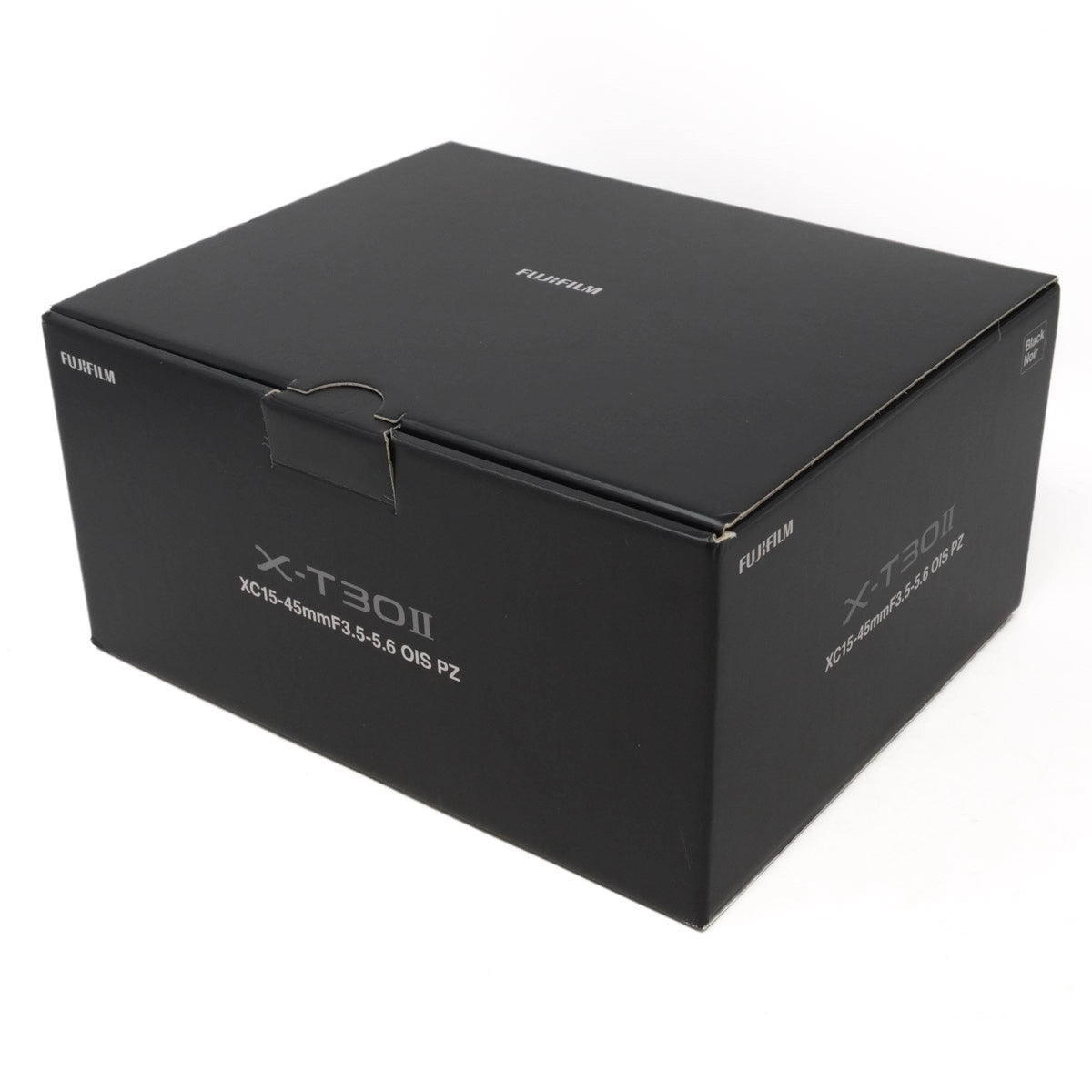 Black camera box with 'Fujifilm' branding on a white background